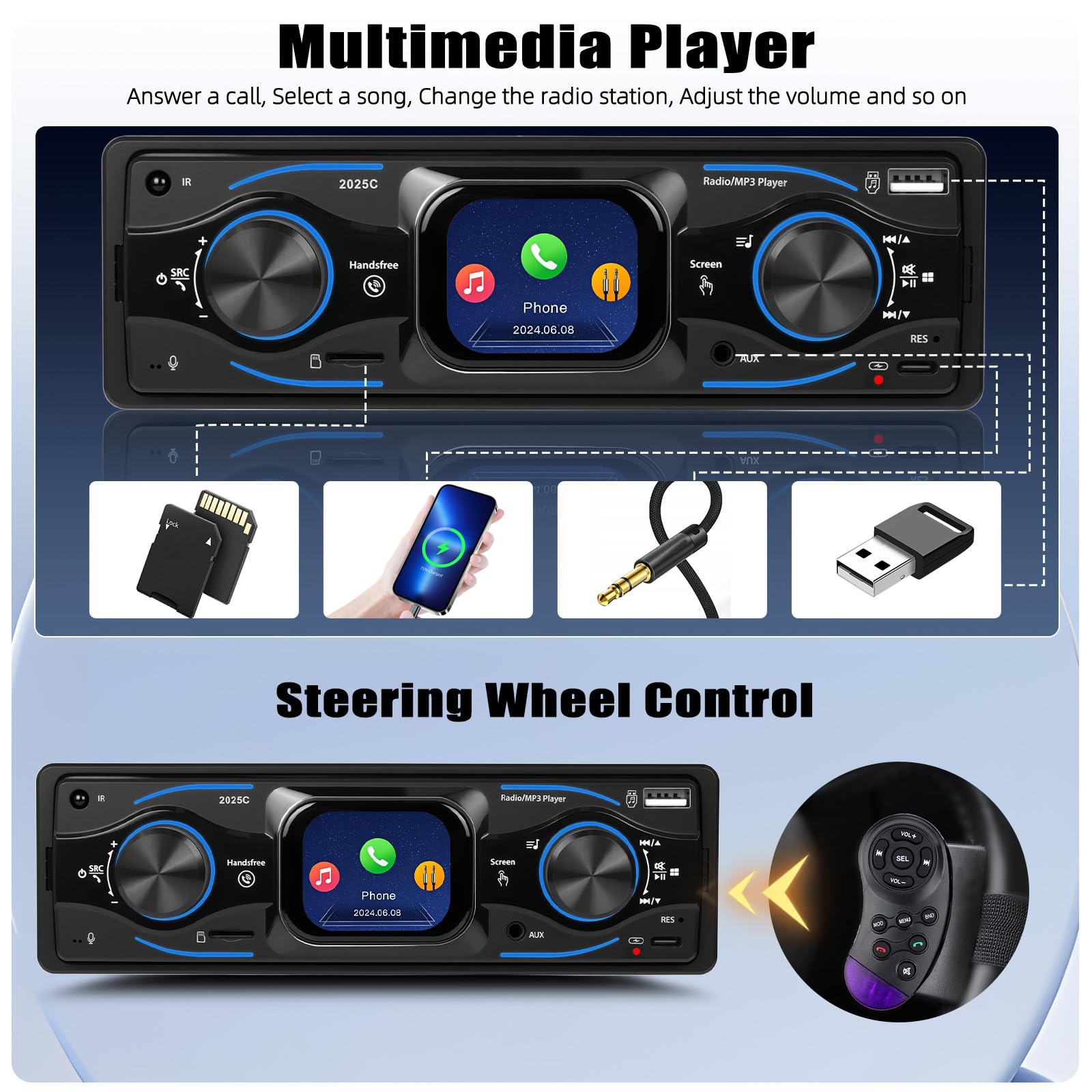 Single Din Car Stereo Marine Radio Bluetooth Multimedia Car Audio Receiver with Digital LCD Display FM Car Radio USB/Type-C/SD/AUX-In MP3 Player Lossless Sound Quality Quick Charge+ SWC