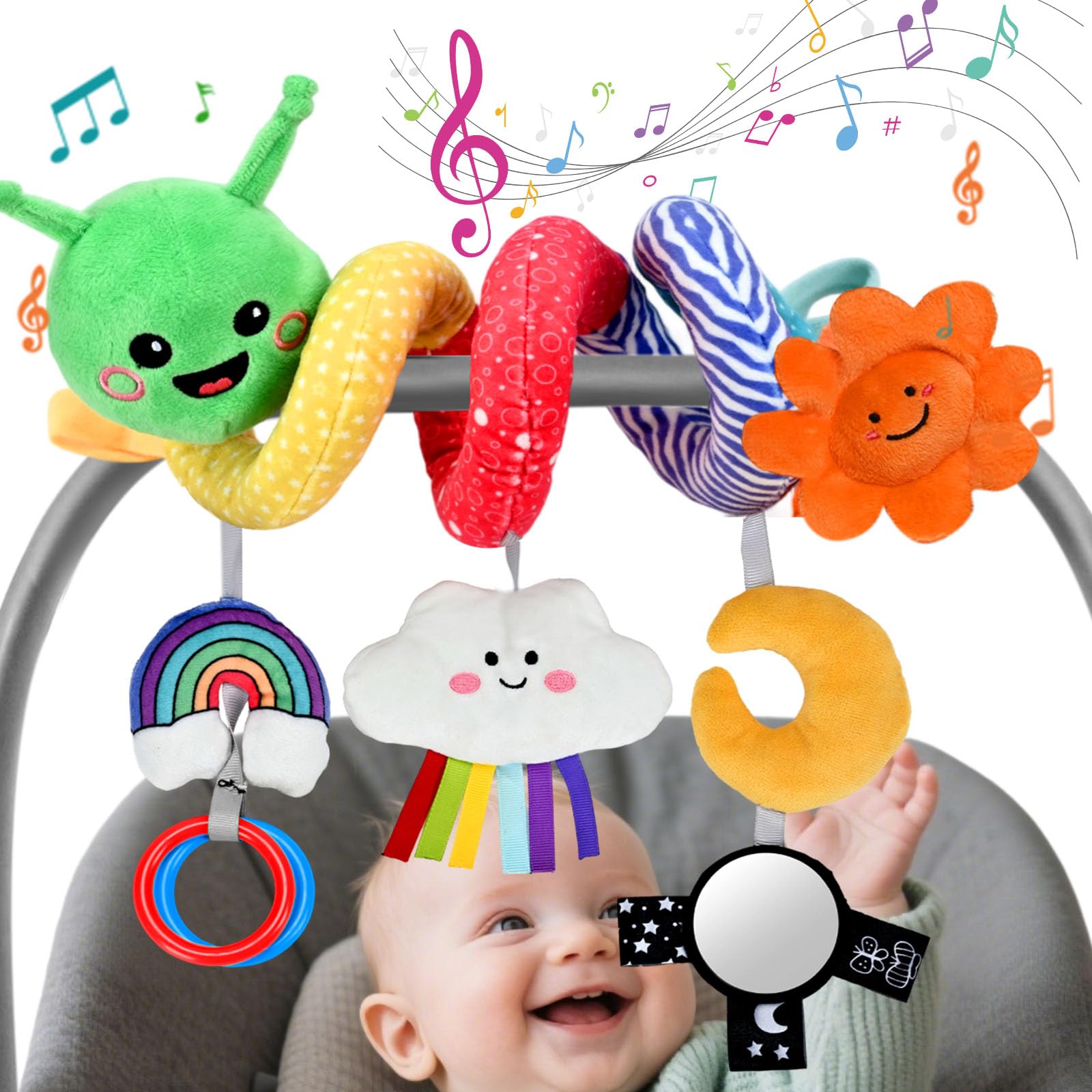 CaftyMids Baby Plush Hanging Musical Toy for 0-6-12 Months, Cloud with Touch - Activated 30-Sound Music Box, Washable, Sun/Rainbow/Moon, Gift for Strollers/Car Seats