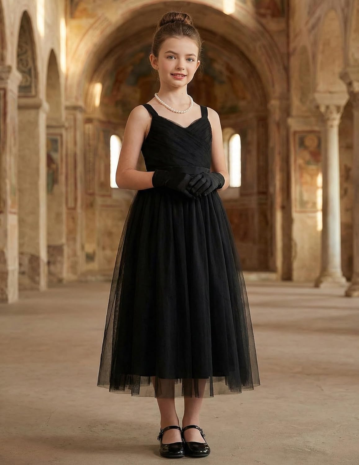 Arshiner Flower Girl Dress Spaghetti Strap Tulle Long Formal Wedding Pageant Party Fancy Princess Ball Gown Dresses
