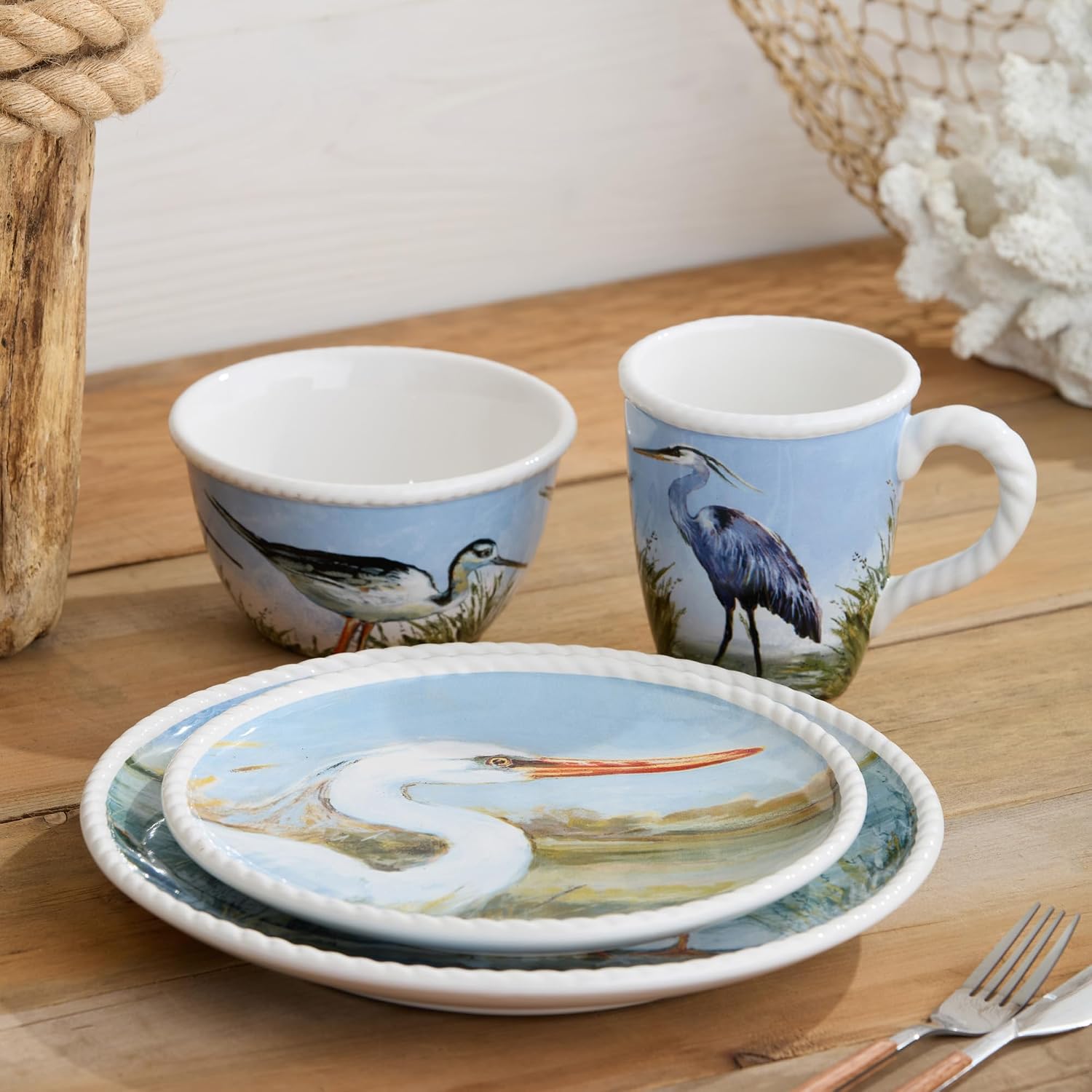 Coastal Birds 9-Inch SALAD/DESSERT PLATES SET of 4, ceramic Assorted artist-designed Shore Birds, Blue Sky Wetland Scenes, Dishwasher Safe Coastal Appetizer Plates