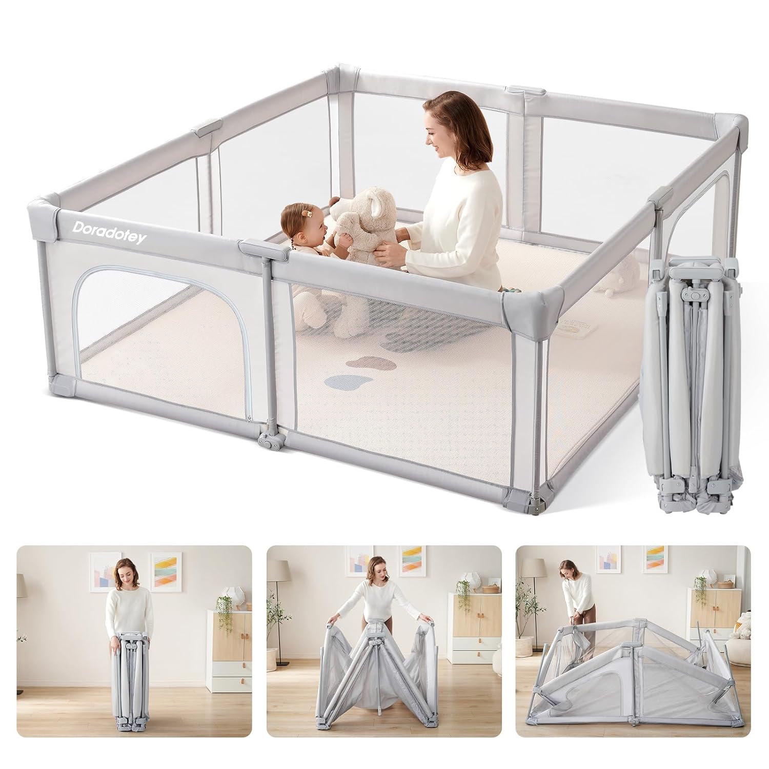 Doradotey Baby Playpen Foldable, Pre-Assembled Play Pen for Babies and Toddlers, 59"x59" Large Playards for Indoors, Baby Fence Play Area, Light Grey 59x59x27in Light Grey