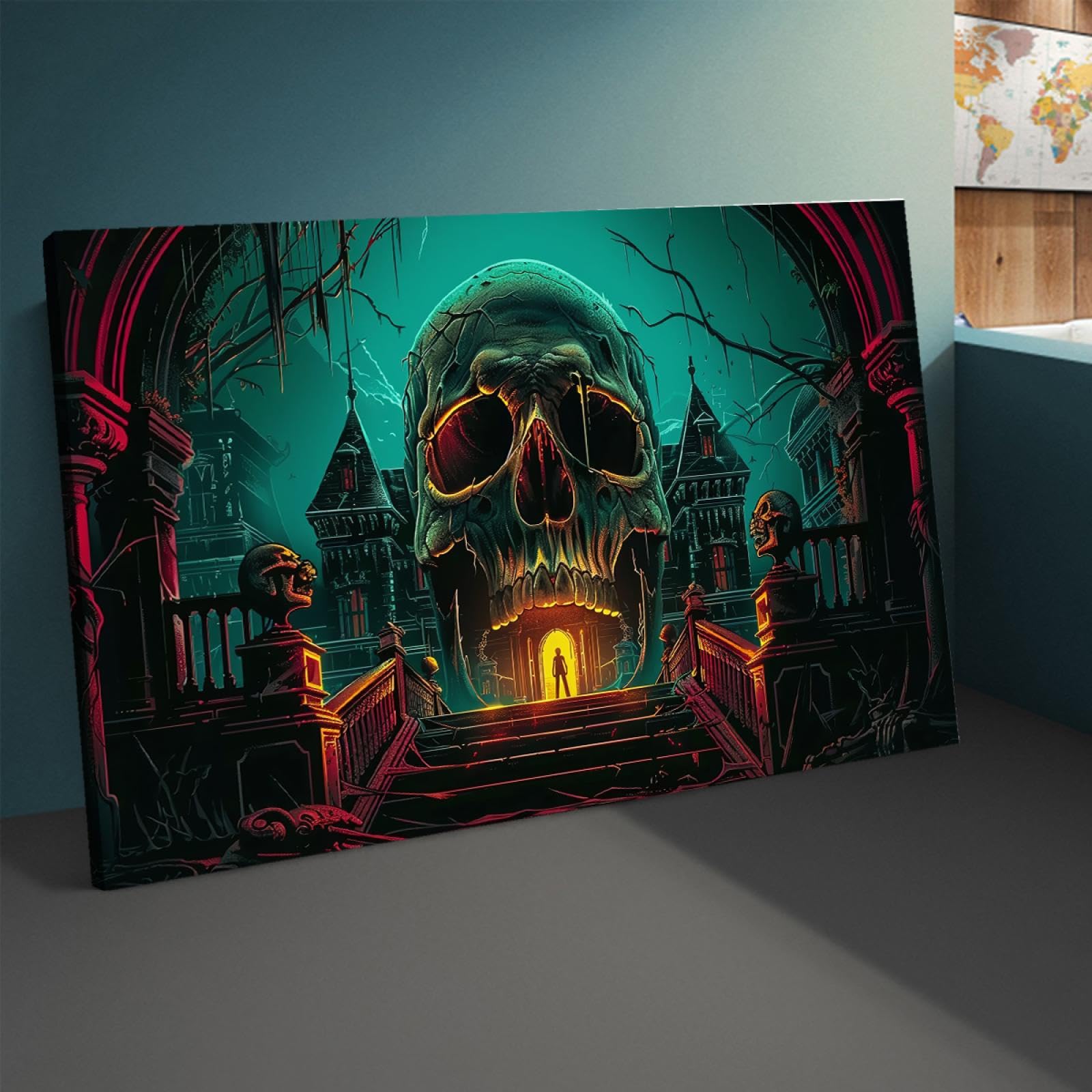 Via Vela Gothique Halloween Art Impression sur toile Dark Horror Crâne Château Scène de nuit Affiche Peinture Art mural pour Salon Chambre à coucher Décoration intérieure 55x95cm Cadre intérieur
