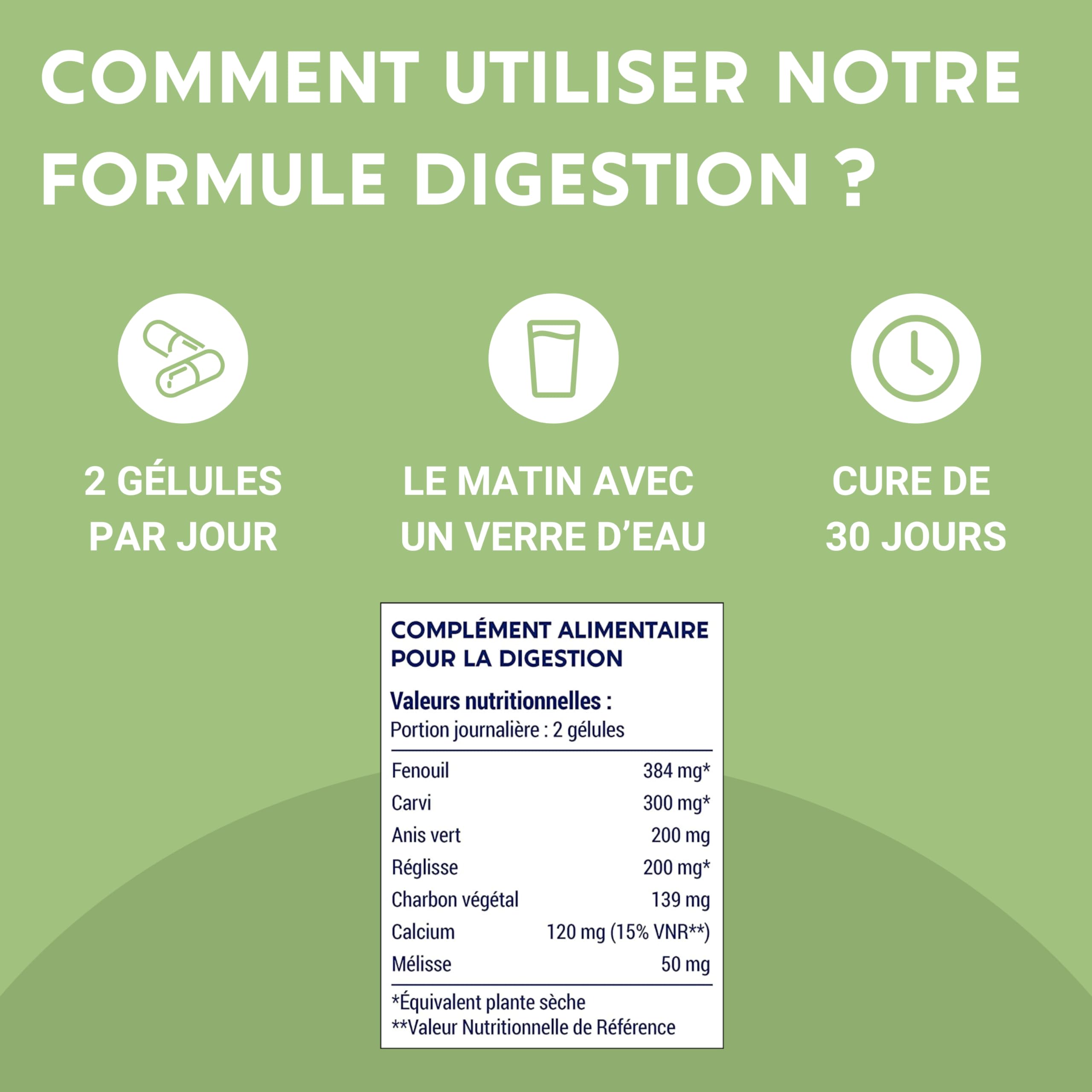 FORMULE DIGESTION | Digestion, Transit, Constipation, Detox Colon | Fenouil, Carvi, Anis vert, Réglisse, Charbon, Mélisse | 60 Gélules | Complement Alimentaire | Fabriqué en France