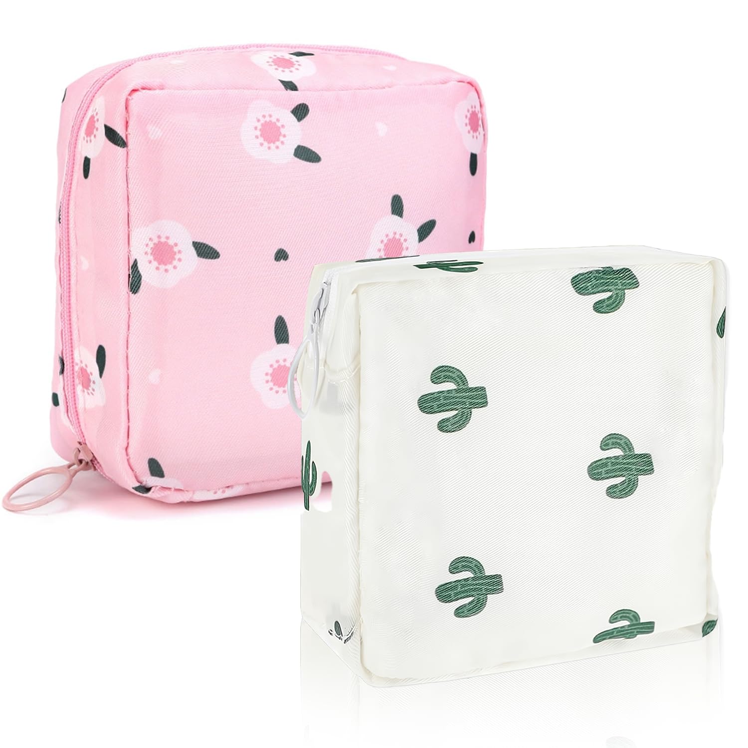 Sanitary Pad Pouch for Women Discreet Storage | Lightweight & Portable | Reusable Washable Fabric | Set of 2 Small Pouches (Beige Cactus & Pink Flower)-image-35
