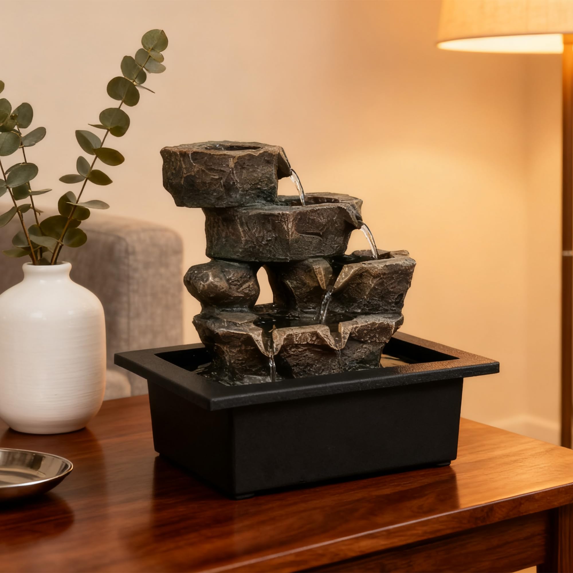 Indoor Tabletop Rock Waterfall Fountain with Warm Light & Stacked Stone for Home Office Desk Decor, Zen Resin Water Feature for Relaxation