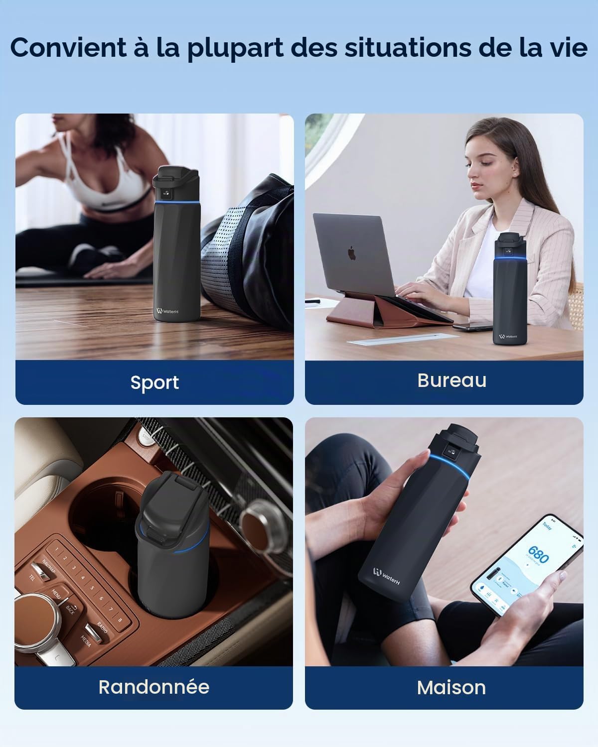 WATERH Boost Bouteille d'eau intelligente avec rappel de boire de l'eau, 710 ml, en acier inoxydable sans BPA, bouteille isotherme sous vide, bouteille d'eau à large goulot avec application, cadeau
