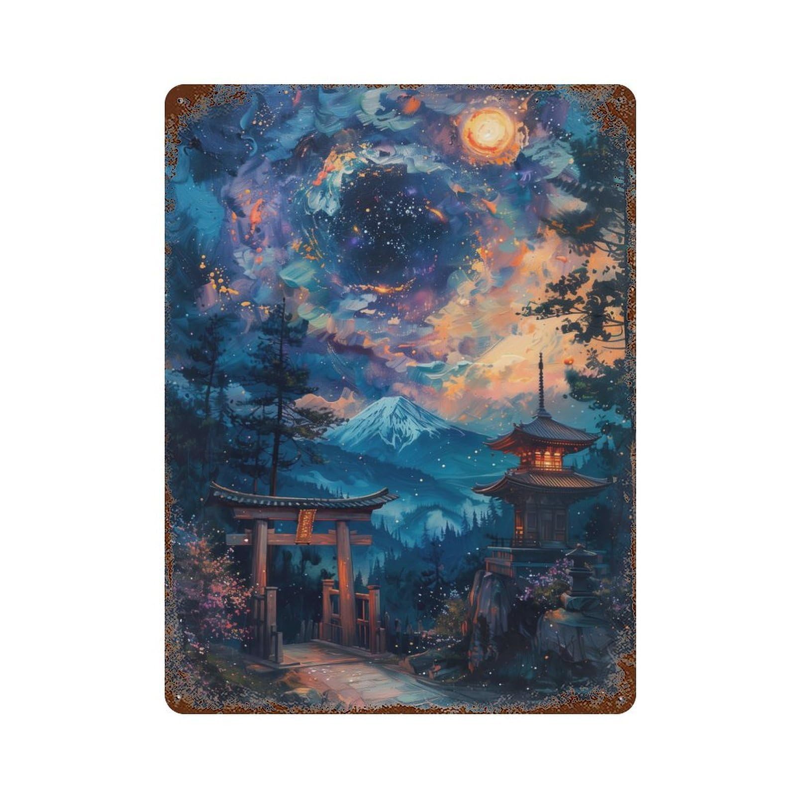 Japanese Torii Painting Rust Effect Tin Sign 15.7"x11.8", Ideal for Farmhouse, Kitchen And Entryway Decor