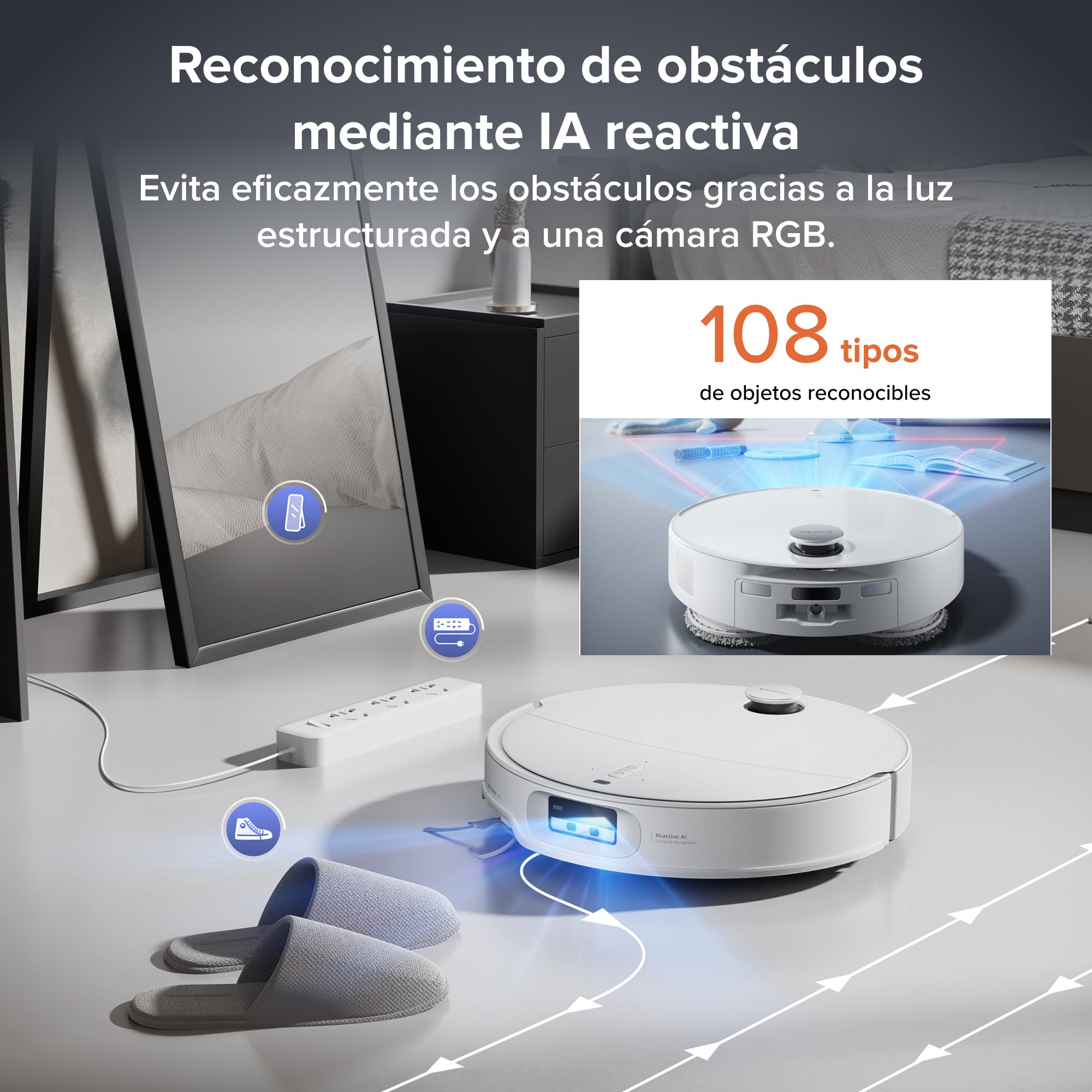 roborock Qrevo EdgeT Robot Aspirador Succión 18500 Pa, con FlexiArm | Sistema Doble Desenredos, 7,98 cm Ultrafino, Base Multifuncional 3.0 Lavar Mopa con Agua Caliente, Controlado por App y Voz