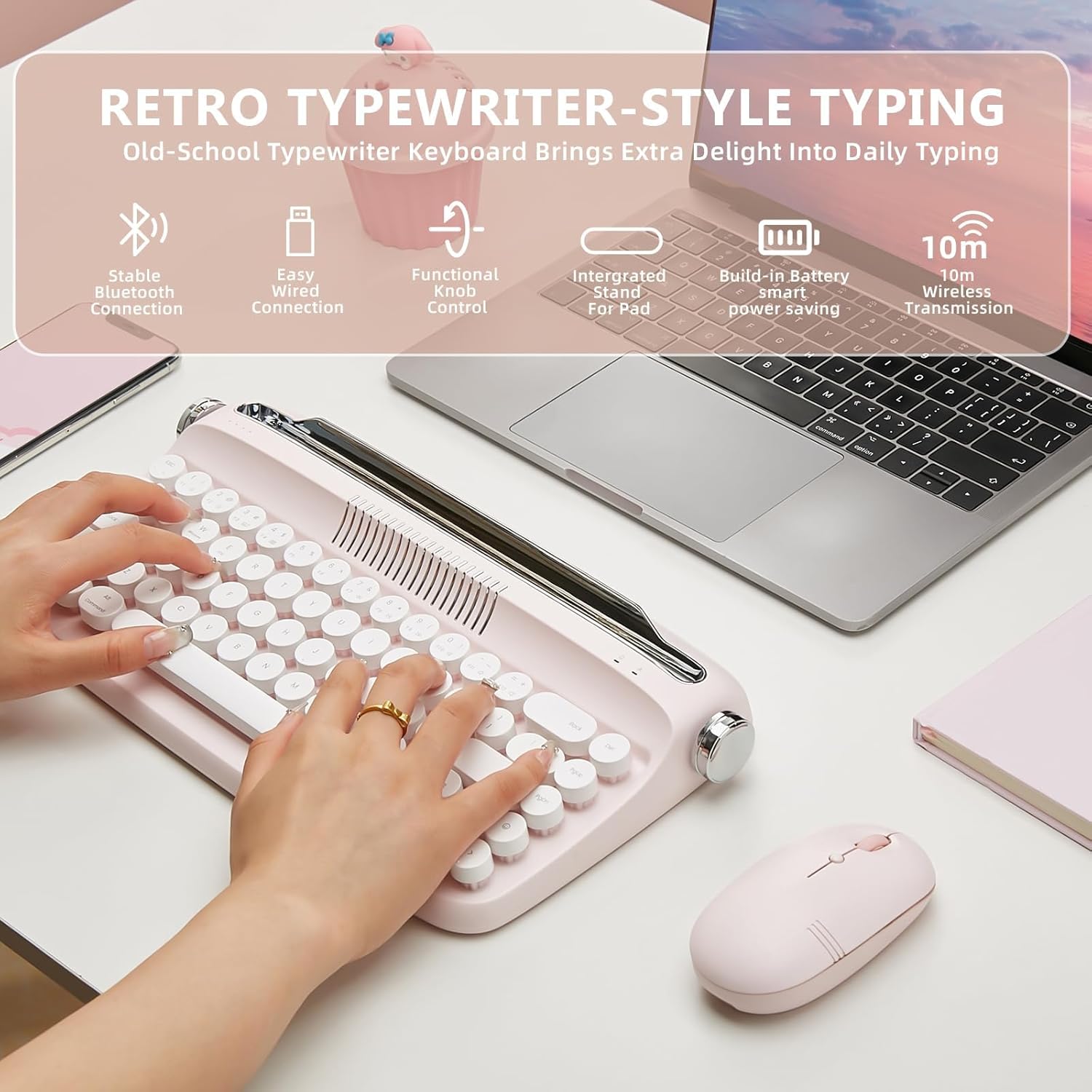 YUNZII Upgraded Wireless Typewriter Keyboard, Retro Aesthetic with Integrated Stand,Cute Round Keycaps, USB-C/Bluetooth Connection for Table, Phone, PC and Win/Mac/Android (B307, Baby Pink) - Image 2