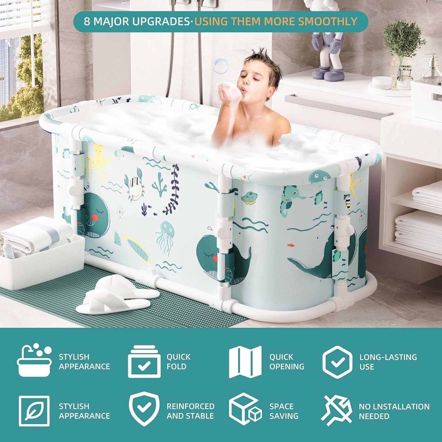 Vasca da bagno portatile, vasca da bagno pieghevole da 120 cm, installazione gratuita, vasca da bagno addensata a 7 strati con supporto in metallo, SPA (Stile oceano M2)
