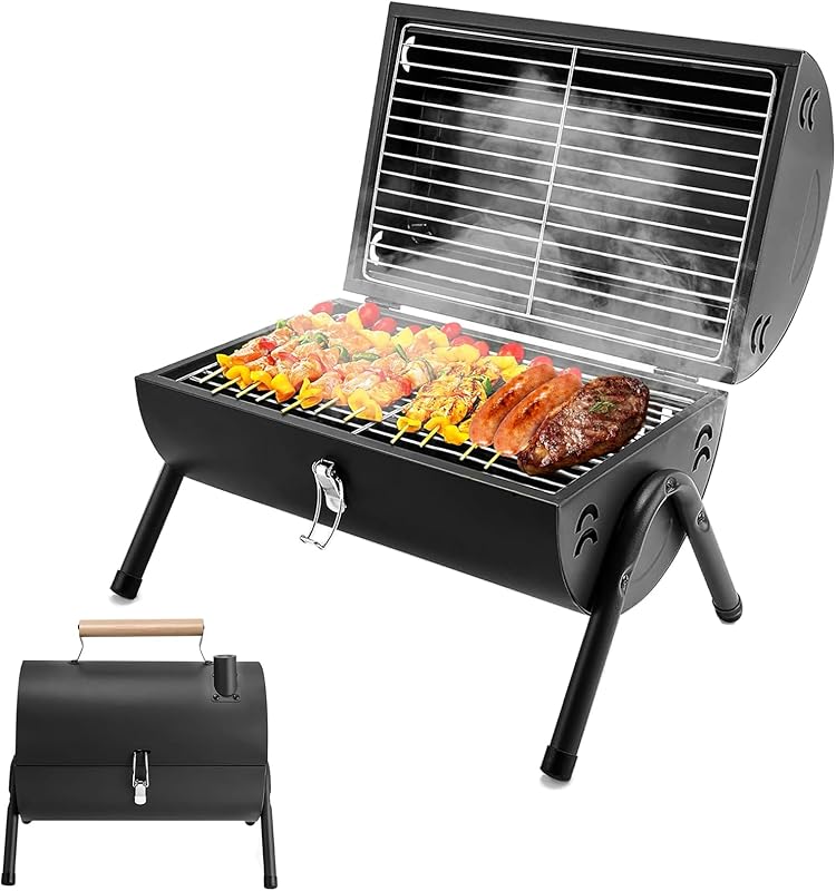Barbecue au charbon de bois Petit Grill Pliable Double Surface de Cuisson BBQ Mini Grill en Valise a