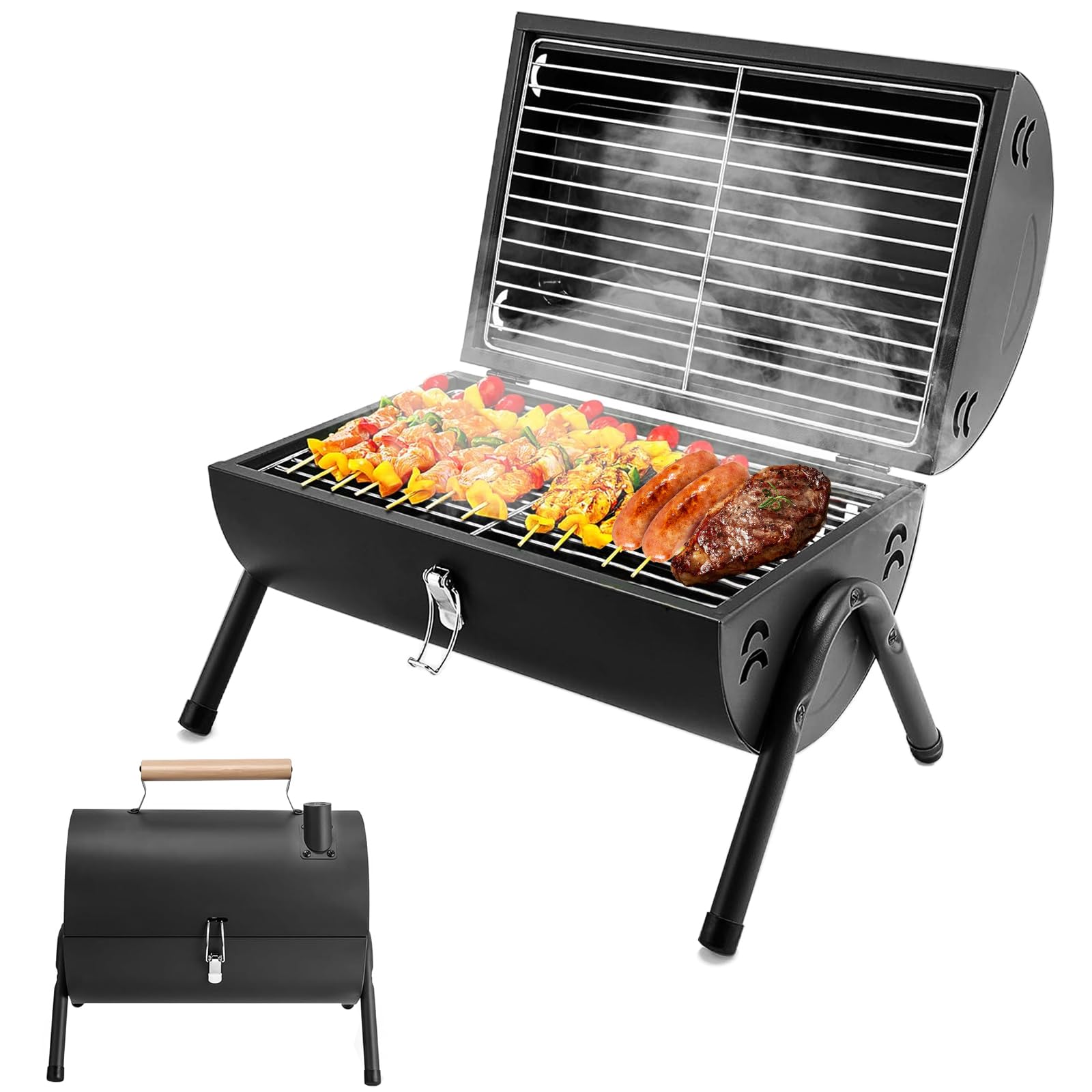Barbecue au charbon de bois Petit Grill Pliable Double Surface de Cuisson BBQ Mini Grill en Valise avec Couvercle Grill de Table Portable pour Camping en Plein Air, Balcon et Pique-Nique