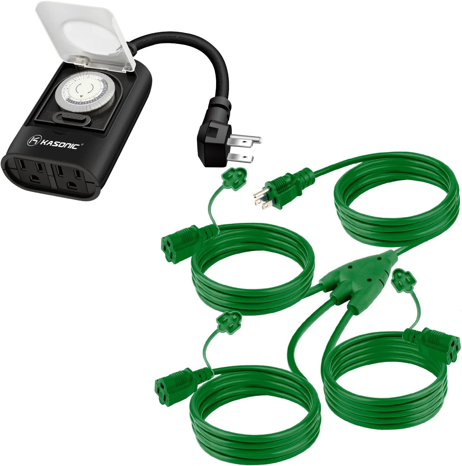 K KASONIC - 25FT Extension Cord 1 to 3 Splitter+Outdoor Light Timer Outlet for Landscaping Light, Holiday Decoration and Christmas, ETL Listed