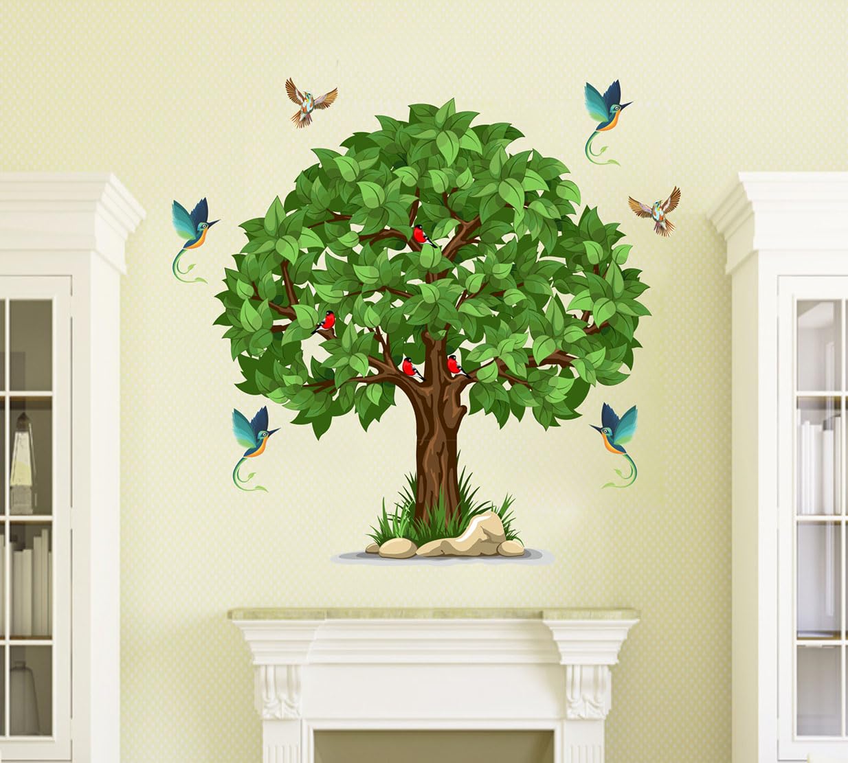 Merical Green Tree with Flying Birds Wall Sticker | Self Adhessive PVC Wall Stickers for Home, Hall, Bedroom, Kitchen and Living Room (Size 69 X 71Cms)-Self-Adhesive
