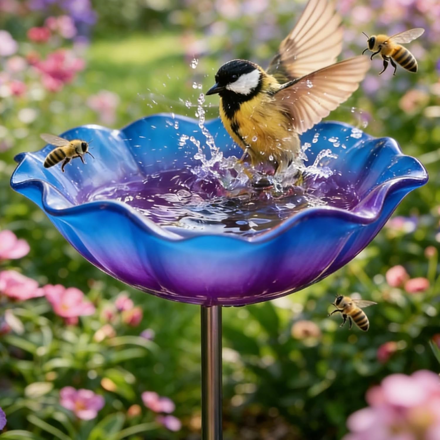Metal Flower Garden Stakes Bird Bath Handmade, Bee Watering Station, Bees Bath for Garden Metal Bee Water Feeder with Flower Design, Colorful Butterfly Bees Bath Bowl for Outdoor Yard Decor (Red Blue)