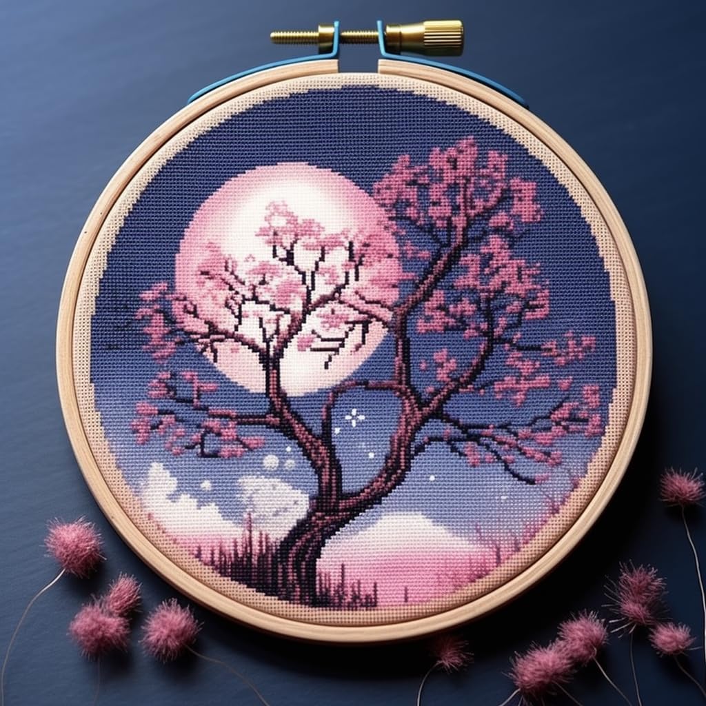 Moon and Blue Tree Night DIY 11CT Counted Cross Stitch Kits for Beginners Easy Stamped Fabric with Hoop Embroidery Needlecraft Art Wall Decor 12x12in(1)