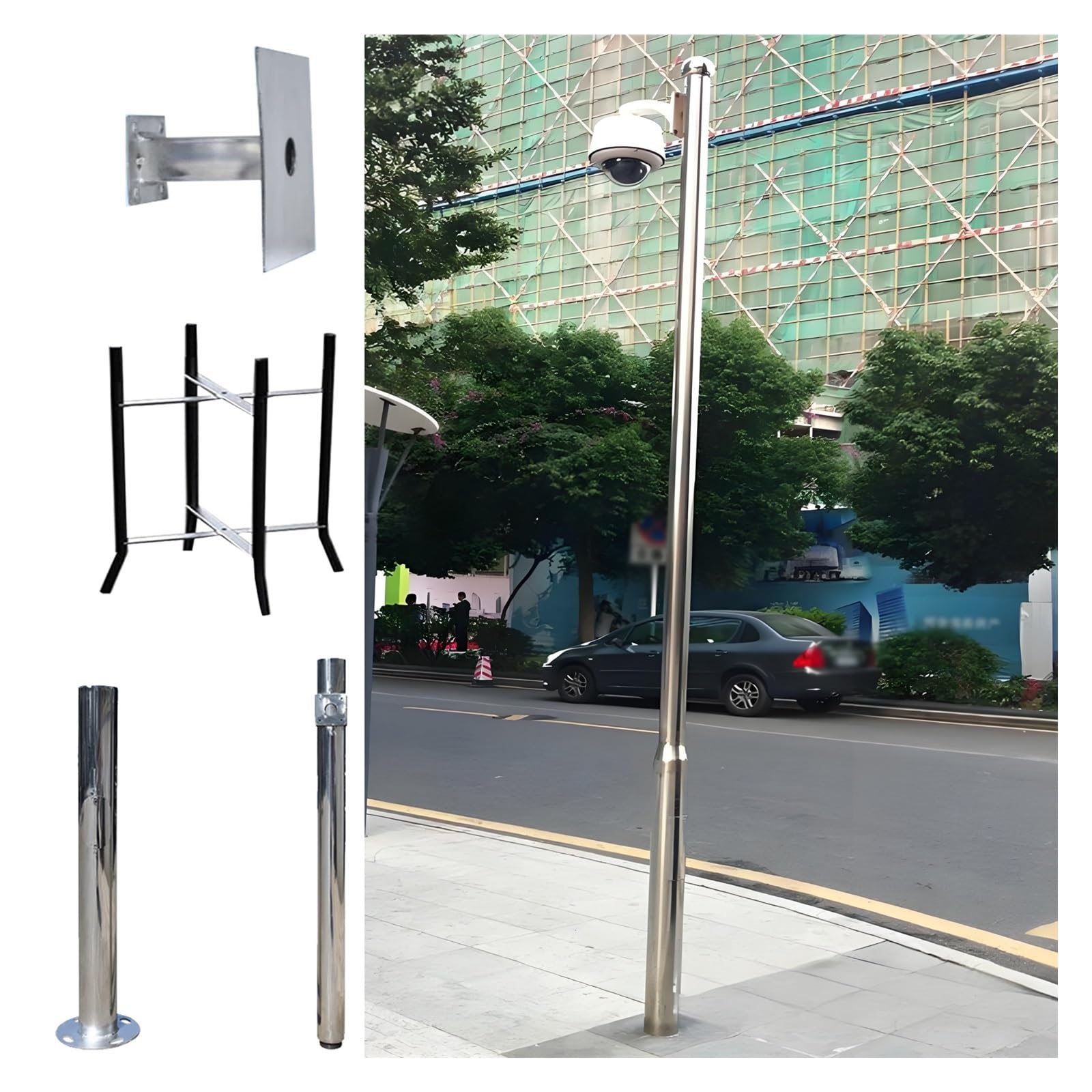 Poste de cámara de seguridad, soporte de vigilancia de acero inoxidable de 20 pies con brazo cruzado para un fácil montaje, diseño a prueba de óxido