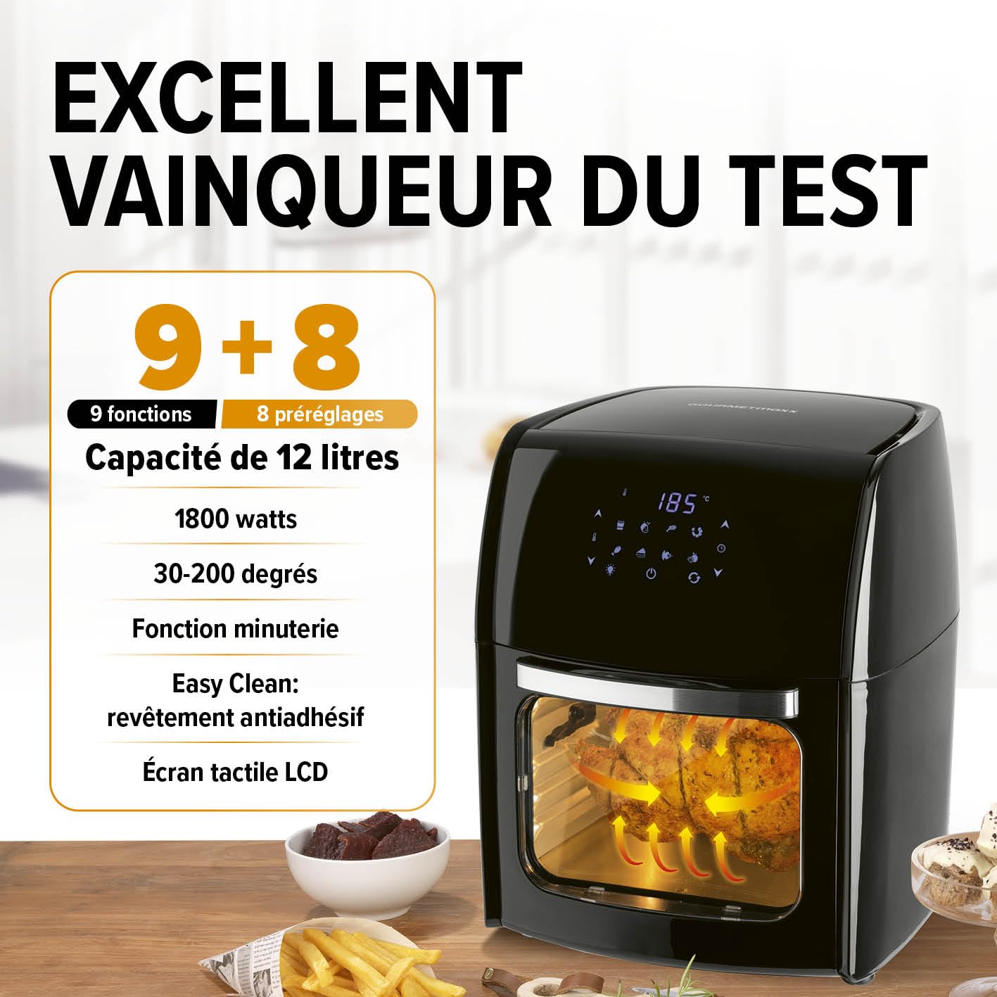 GOURMETmaxx Friteuse à air chaud numérique XL 12 litres | Préparation particulièrement pauvre en graisse et douce | Fonction minuterie pour une cuisson précise et un arrêt automatique, 9 programmes