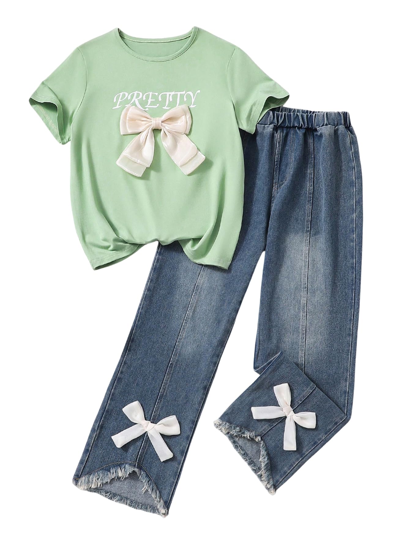 Verdusa Cute Outfits for Girls 10-12 Graphic Tees and Straight Leg Jeans Set with Bows Tween Girls Trendy Clothes