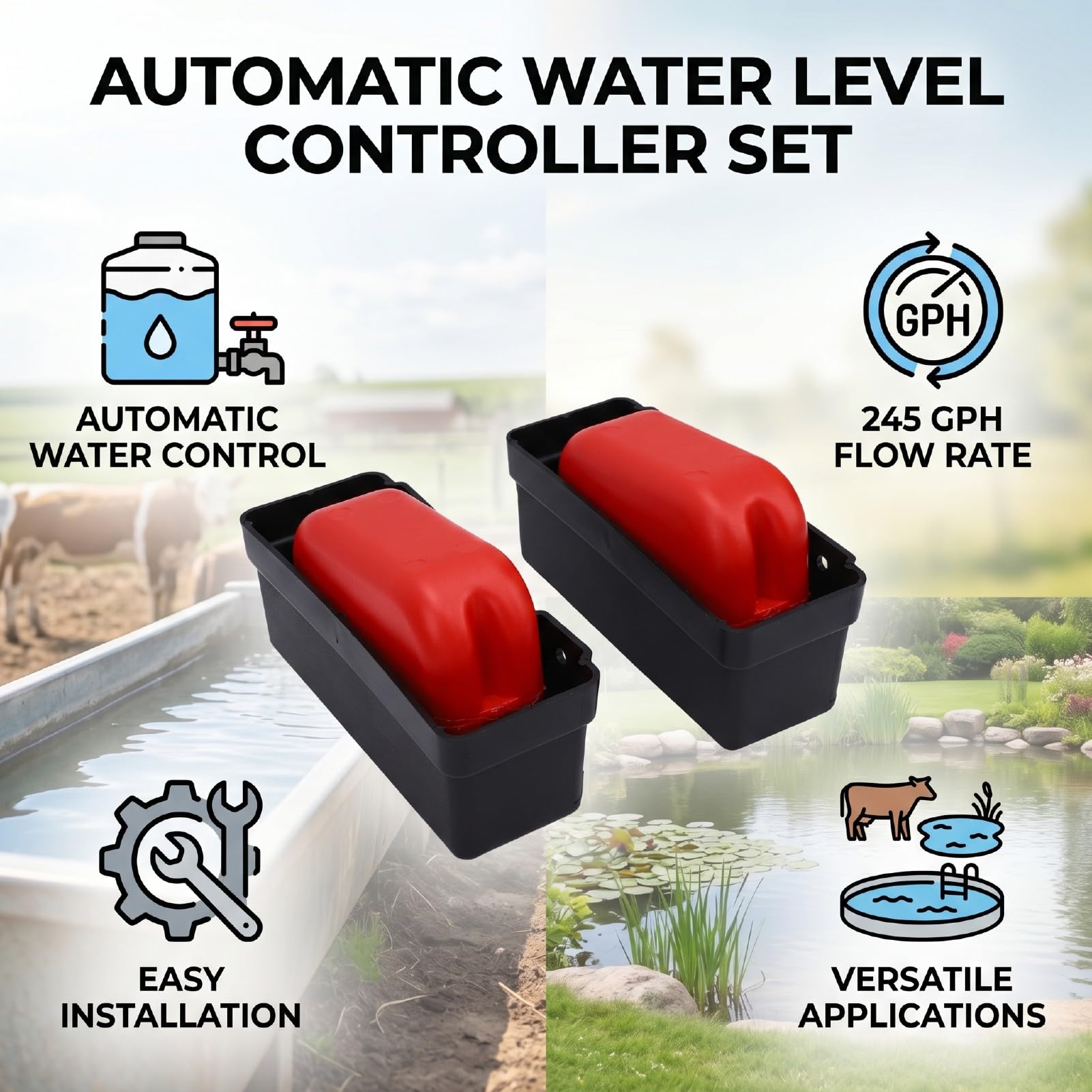 Controlador de Nivel de Agua con Interruptor de Flotador, 2 Juegos de Válvula Flotante para Ganado, Caudal de 245 GPH a 20-50 PSI, Control Automático de Nivel de Agua
