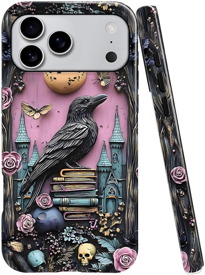 Case Compatible with iPhone 18 Pro Max/iPhone 17 Pro Max,Fall Prevention Bright Hybrid 2-Layer Hard Shell Phone Case for Girls Boys,Skull Bookshelf Floral Butterfly