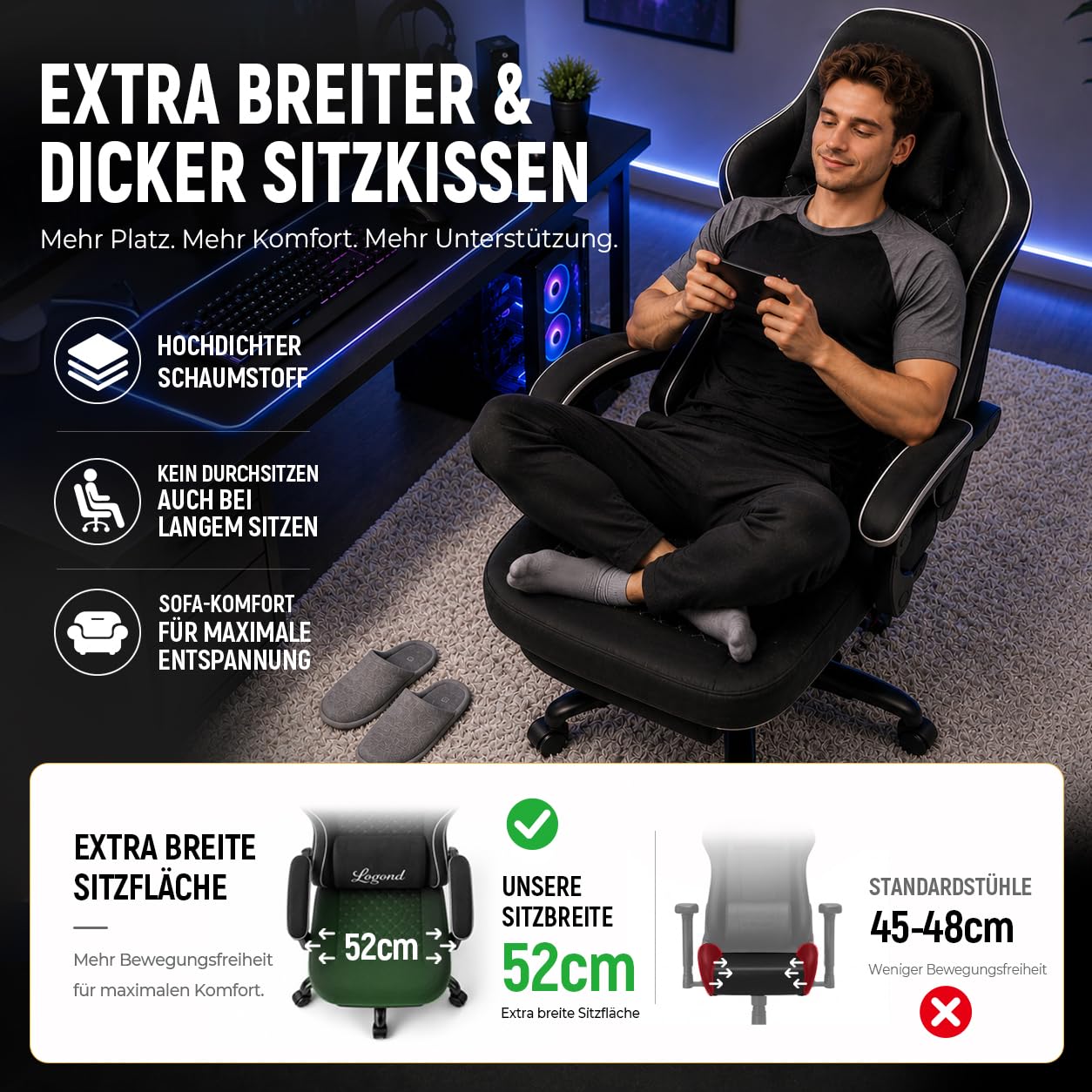 Gaming Stuhl Gamer Sessel - Tech-Stoff, hochdichter Schaum, Taschenfederung, 150 kg, mitlaufende Armlehnen, verstellbare Rückenlehne (90-135°), Fußstütze, Schwarz