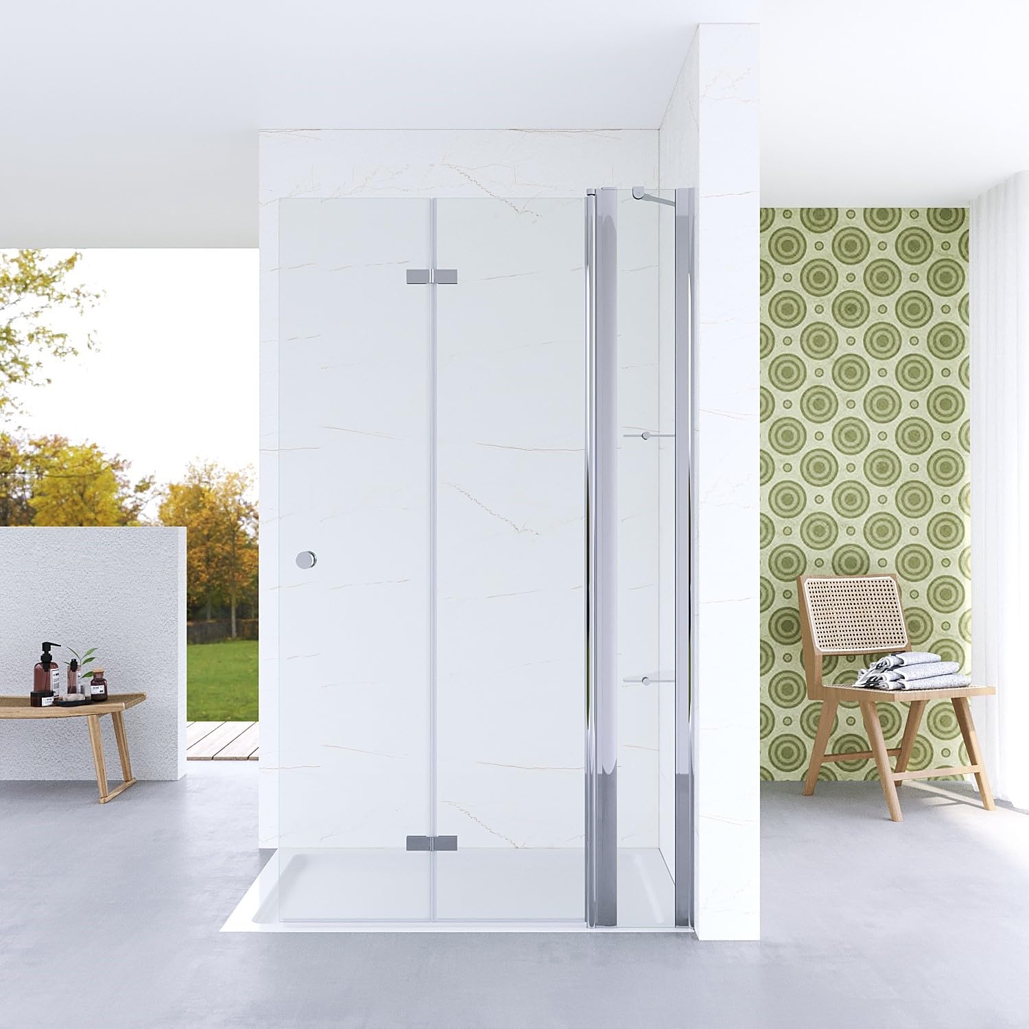 Walk-in Duschwand Glas 140 cm breit Duschtür an Festteil mit Eckablage Duschabtrennung faltbar Falttür Begehbare Dusche Duschtrennwand aus Sicherheitsglas (ESG) 5 mm | Öffnungsseite OHNE Wandprofil