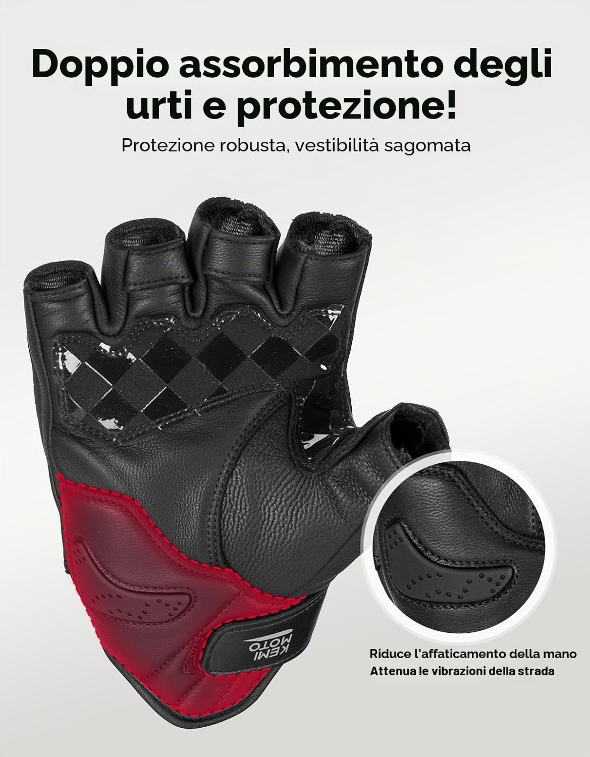 KEMIMOTO Guanti Moto a Dita Corte Uomo, Guanti Moto Estivi in Pelle Antiscivolo con Design a Cuciture Esterne, Adatti per Motociclo, Scooter, Ciclomotori, Quad, ATV