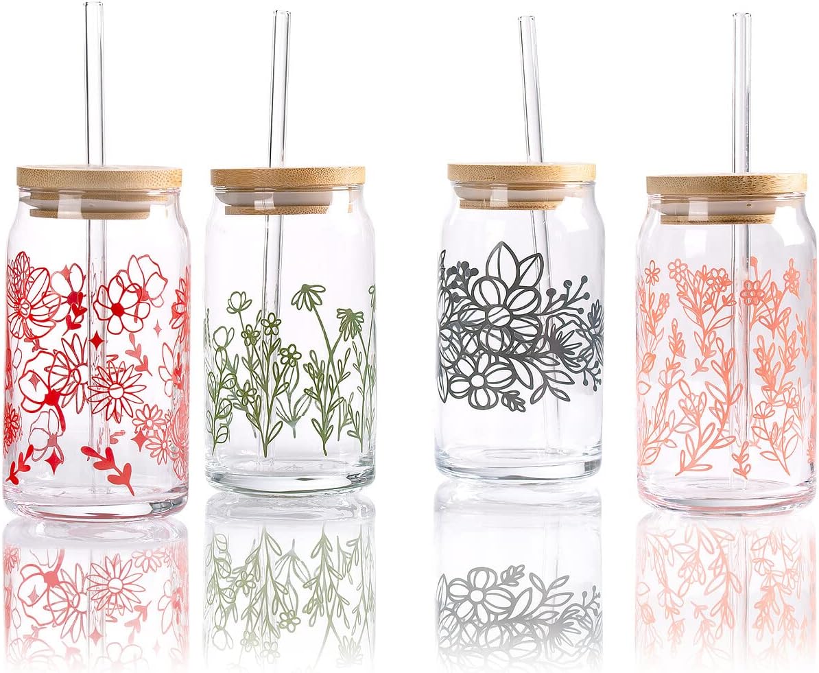SUNNOW 16 Ounce Wildflower Pattern Can Tumbler Glasses with Bamboo Lids and Straws,Iced Coffee Cups for Home Dinning, Bar and Party,Set of 4