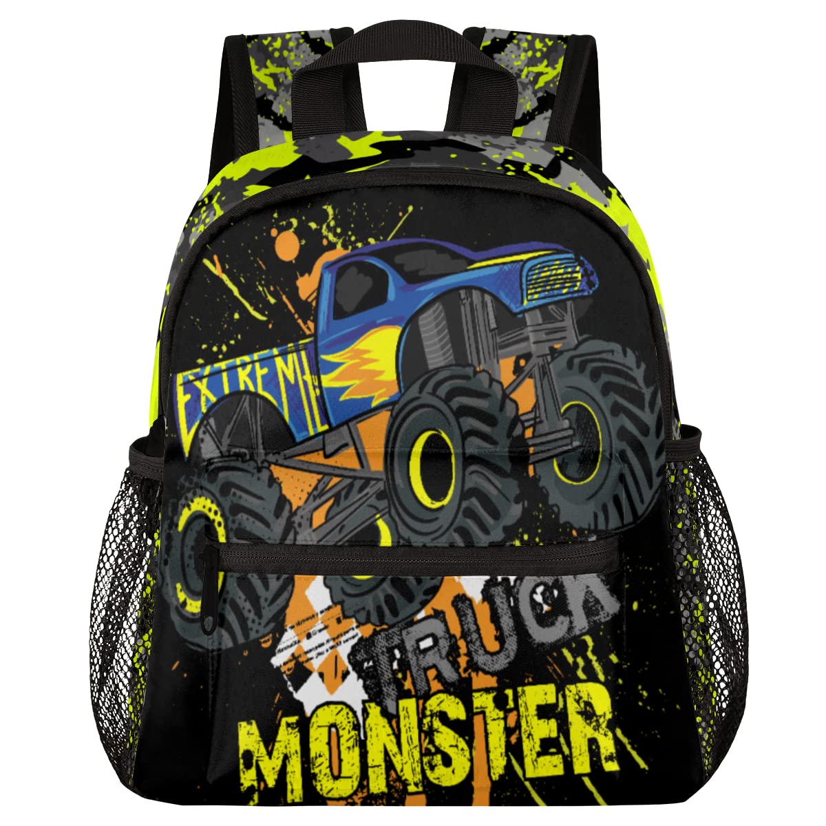 cfpolar Yellow Monster Trucks Car Kids Backpacks for Boys, Cute Toddler Backpack Preschool Kindergarten Elementary School Backpack Lightweight Mini