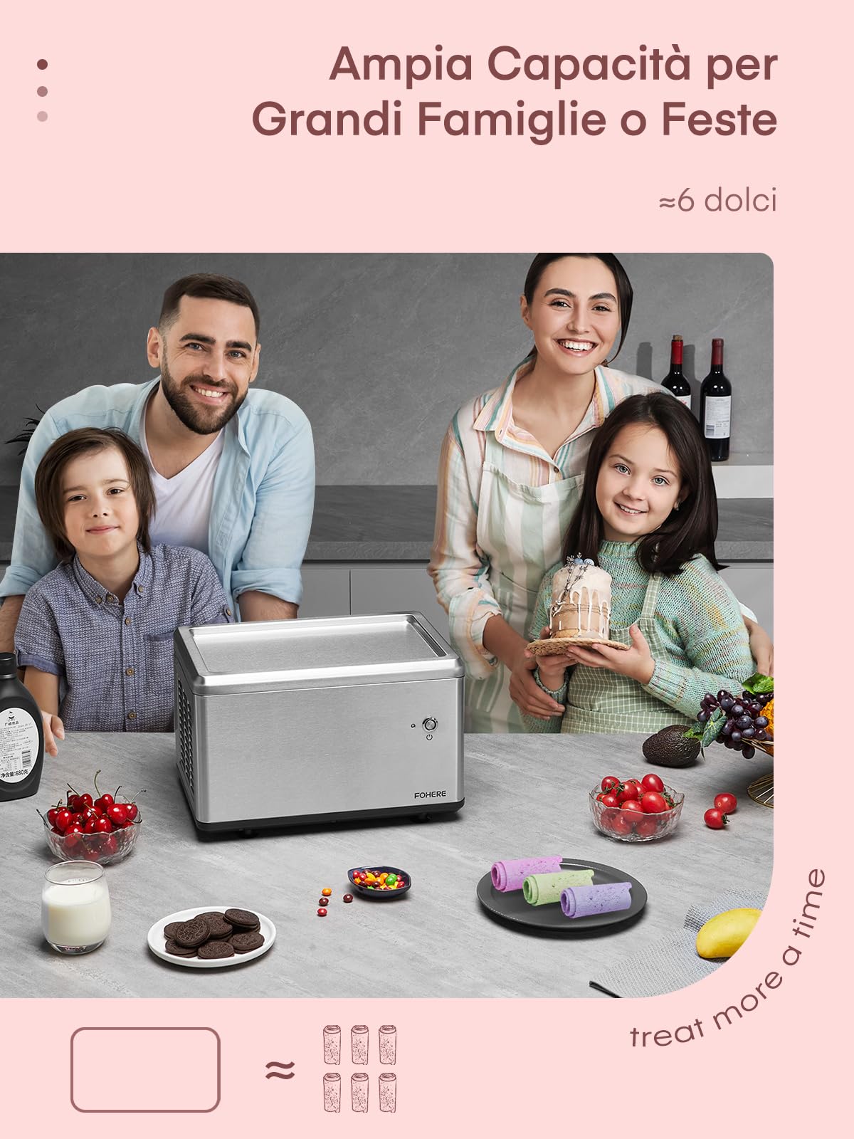 Gelatiera a rullo per la casa con compressore, gelato morbido in soli 3 minuti, funzionamento one-touch, diversi cambiamenti di varietà, sano gelato fatto in casa, ricetta, 2 spatole, Fohere