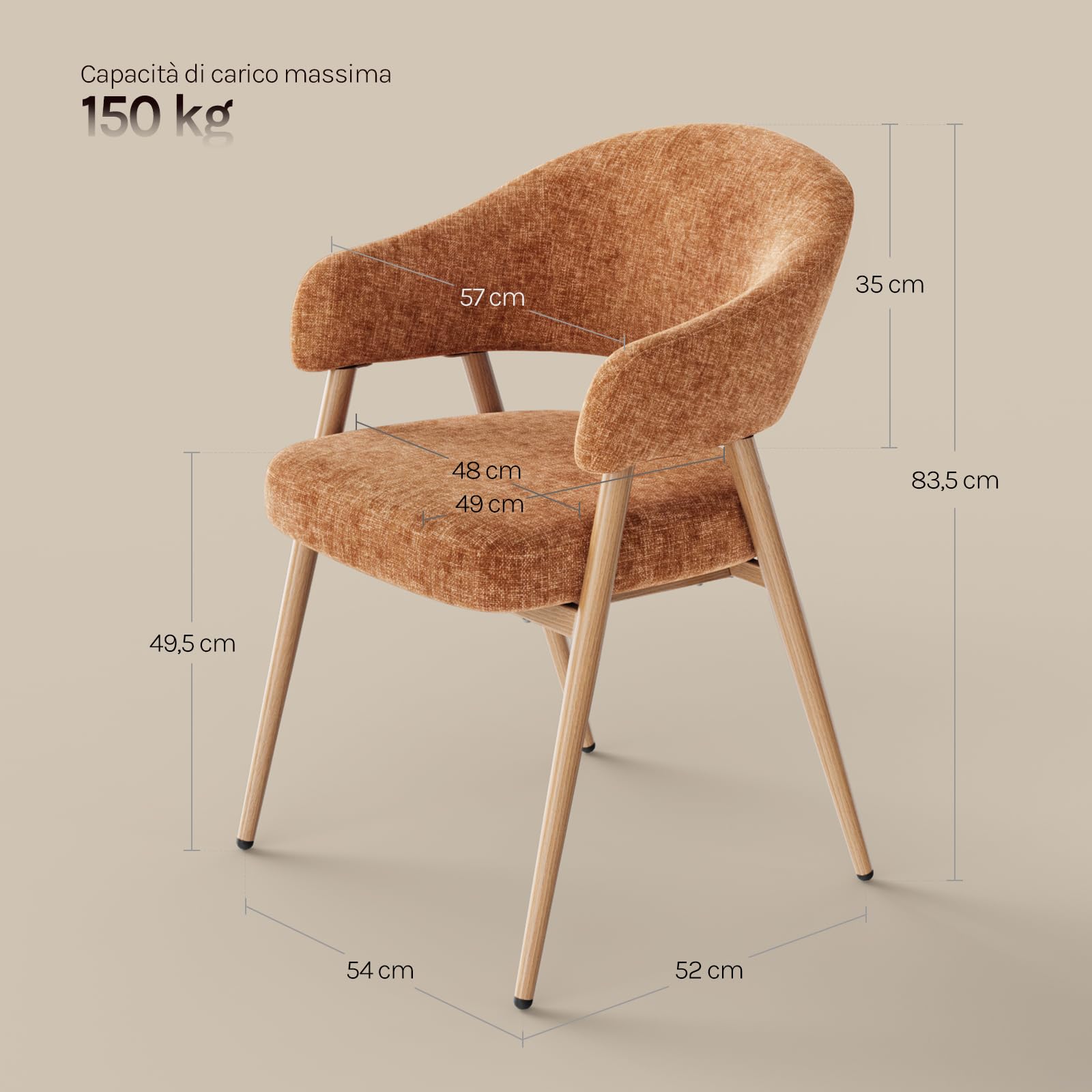 WOLTU Set di 4 Sedie Cucina, Sedie Ergonomiche con Braccioli, Marrone | Schienale Traforato, Gambe in Metallo Effetto Legno, per Sala da Pranzo, Soggiorno, Camera da Letto