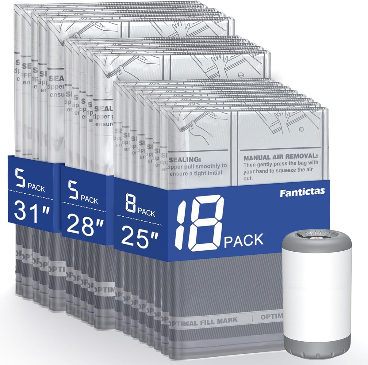 Travel Vacuum Storage Bags with Rechargeable Air Pump, 18 Pack Portable Space Saver Bags, Compression Bags for Clothing, Bedding, Seasonal Storage & Packing Bags for Moving