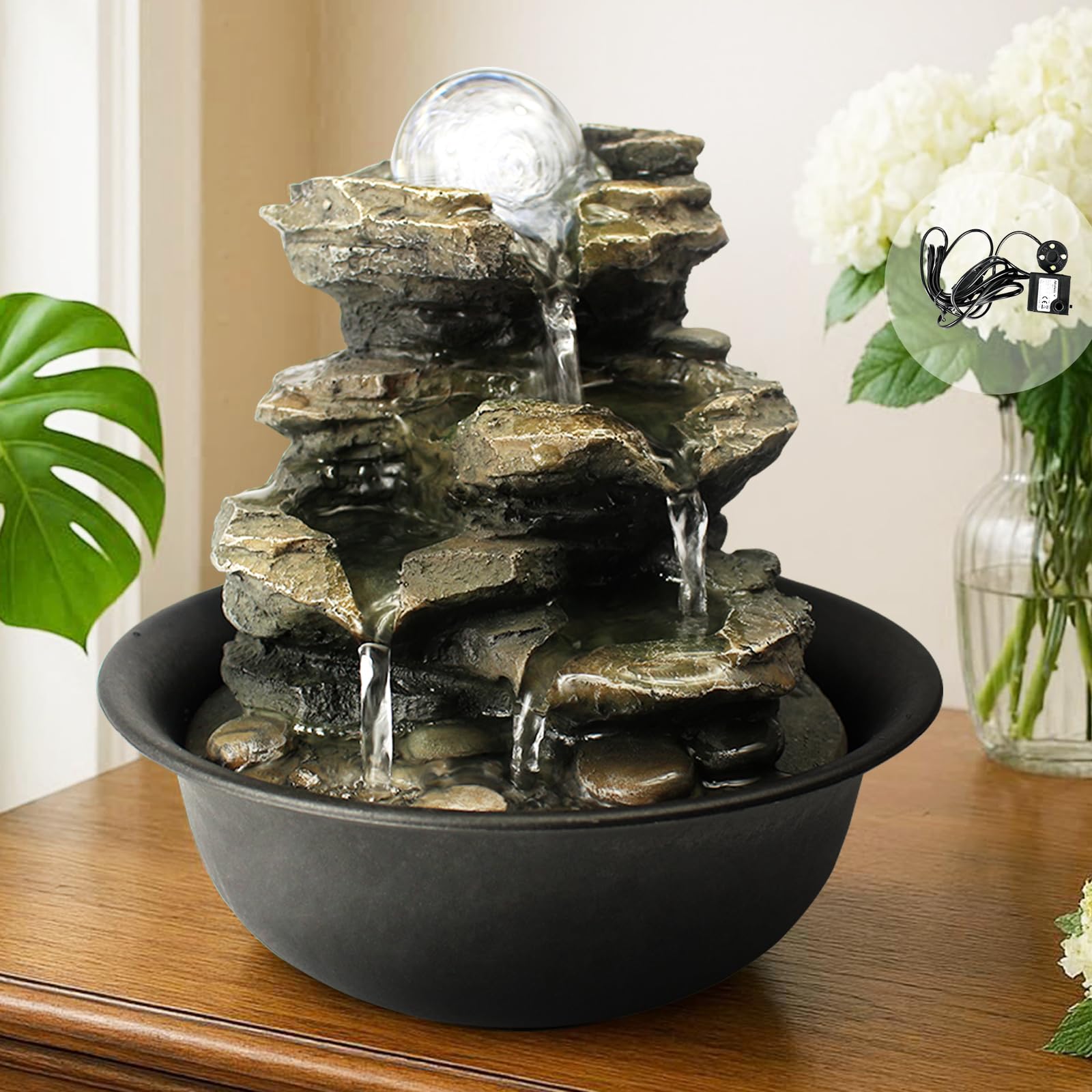 BBabe ZEERKEER Spinning Orb Rock Cascading Tabletop Fountain, Zen Meditation Indoor Waterfall Feature with LED Light for Home Office, Bedroom Relaxation