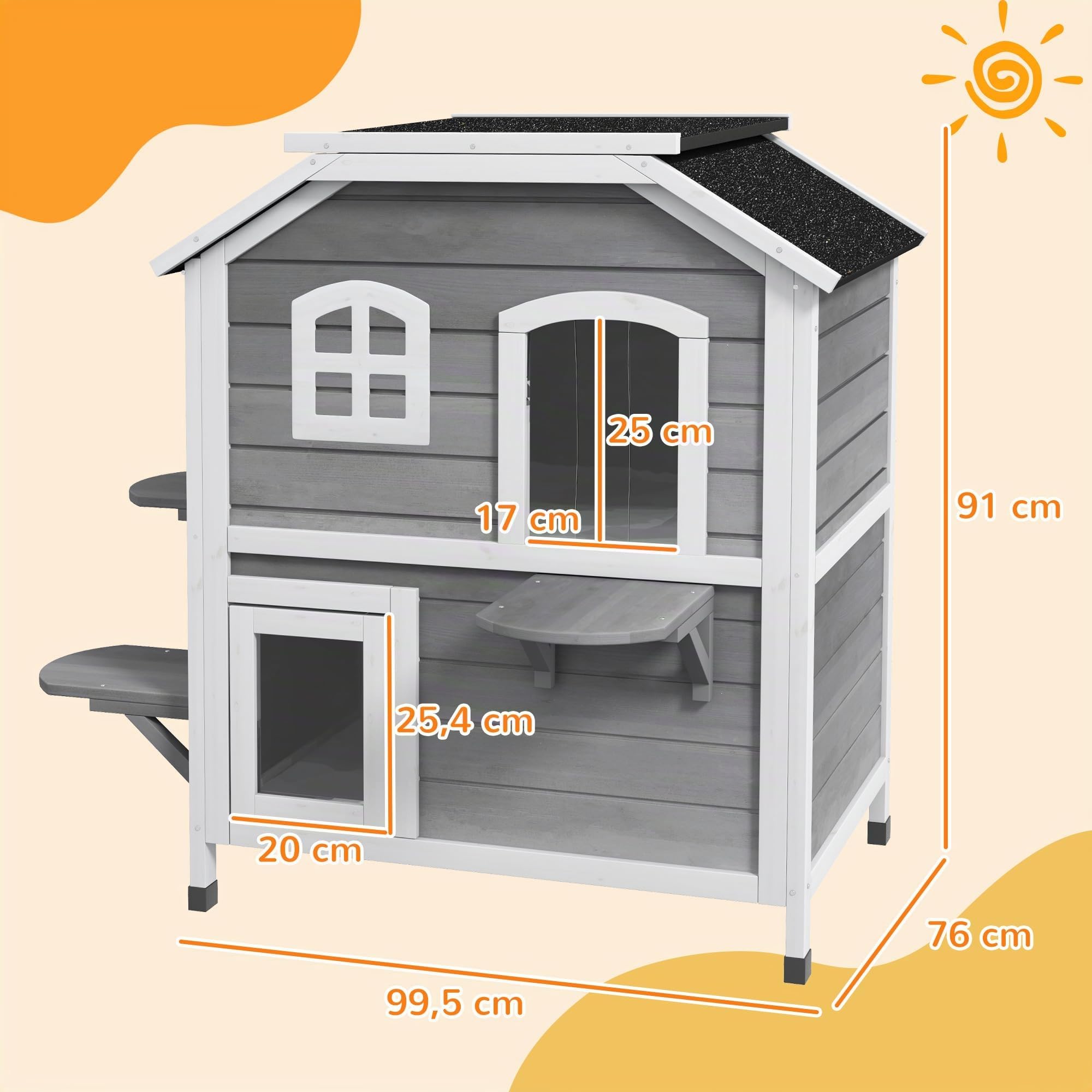 Casa para Gatos PawHut con tejado de Asfalto, caseta Exterior para Gatos con escaleras, Chalet para Gatos de 2 Plantas, Impermeable, jardín, Madera de Abeto, Gris, 78 x 55,5 x 91 cm | Impermeable, caseta para gatos con techo de asfalto, tapa plegable, esc
