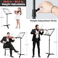 Vista 3 de RANMING Soporte de música resistente de doble uso, plegable, para partituras, soporte ajustable para notas musicales con soporte para micrófono