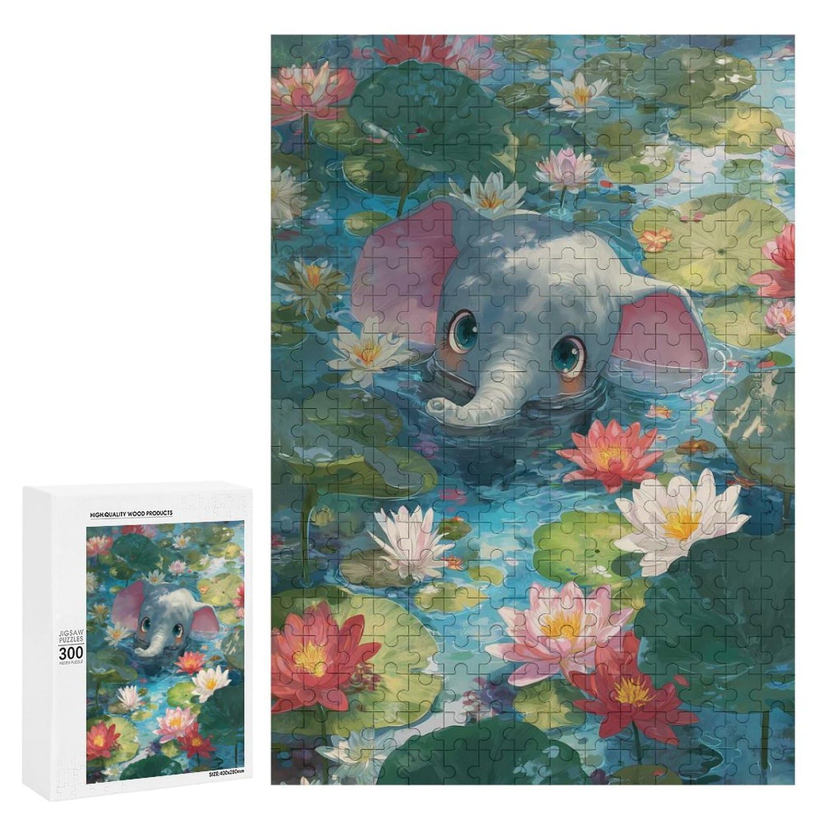 Adult Jigsaw Puzzles300 PCS Cute Elephant in Lotus Pond Adult Puzzles Toy Wall Decor Difficult Challenge Unique Birthday And Xmas Gifts 300 PCS