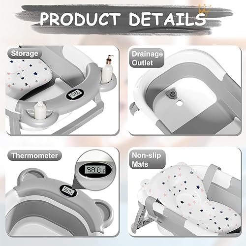 Miniatura 6 de TPN - Bañera plegable para bebés con cojín suave y termómetro en tiempo real, bañera portátil de viaje para recién nacidos e infantes (de 0 a 36