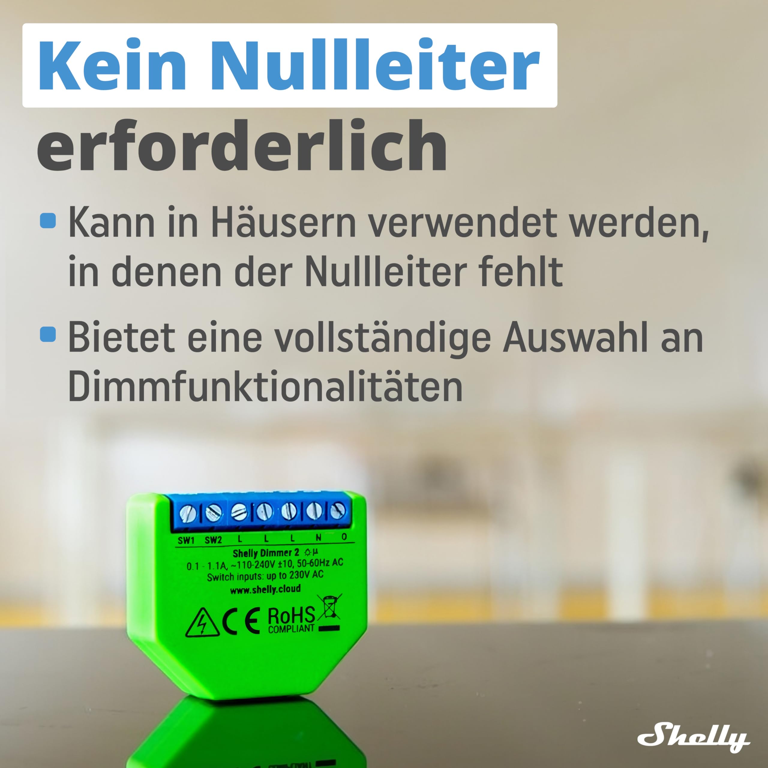 Shelly Dimmer 2, Intelligenter Wlan Dimmer, Kein Neutralleiter nötig, Hausautomatisierung, Kompatibel mit Alexa & Google Home, iOS Android App, Kein Hub erforderlich, Dimmbare Lichter (4 Stück)