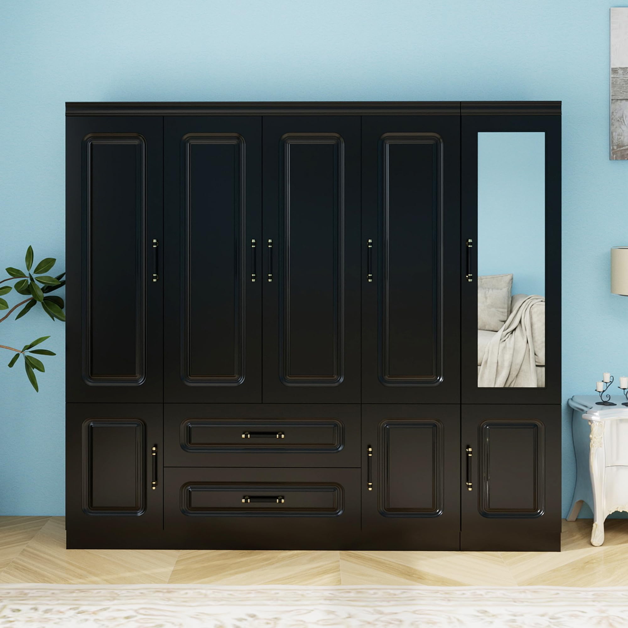 Keloyid Modern 5 Door Armoire Wardrobe Closet with Mirror, Black, 92.9" W x 20.47" D x 70.86" H, Bedroom