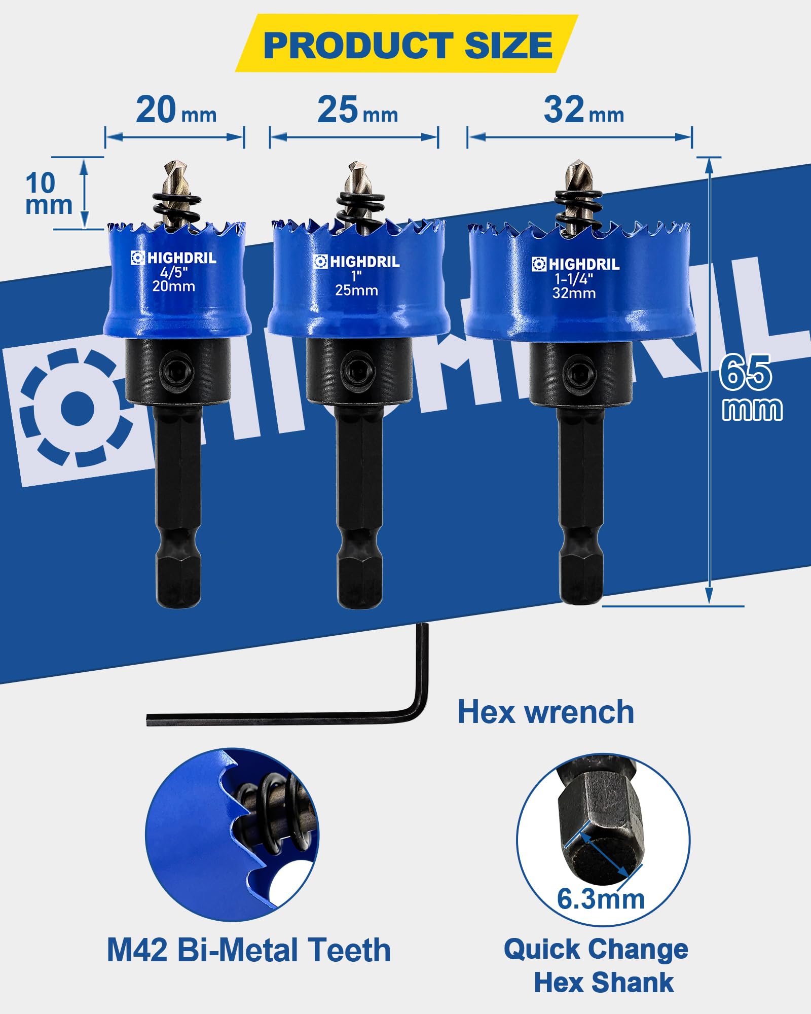 HIGHDRIL 3pcs Hole Saw Set, 20/25/32MM Drill Bits, Quick-Change Shank Hole Cutters for Thin Steel Aluminum, Copper, Wood - Image 2