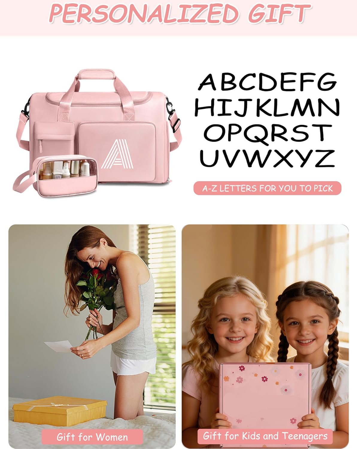 Gifts for Girls Women, Initial kids Duffle bag with Shoe Compartment, Personalized Duffle Bags for Girls Gym Bag, Birthday Gifts for Kids Women Daughter Sister Friend Wife, Pink M