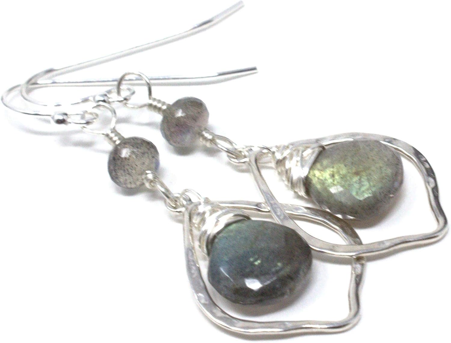 Sterling Silver Labradorite Earrings Marquise Hammered Hoops Gray Gemstone Dangles - Image 4
