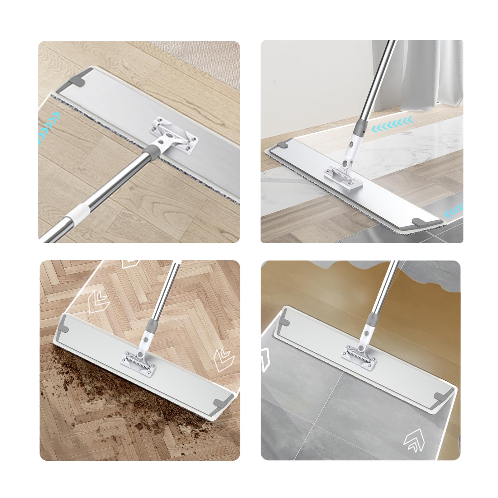 Mopa de Microfibra,Fregona Plana con 3 Mango de Acero Inoxidable,raspador,2 Almohadilla de Microfibra,para Madera Dura, baldosas, Limpieza de Pisos laminados (90cm)