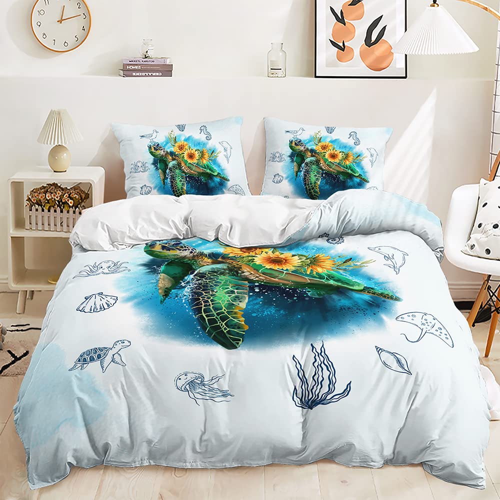 Lunoroey Turtle Duvet Cover Single Size Bed Turtle Jellyfish Develfish And Sea Animals Printed Bedding Set with Pilowcase Soft Easy Care Quilt Cover Set White