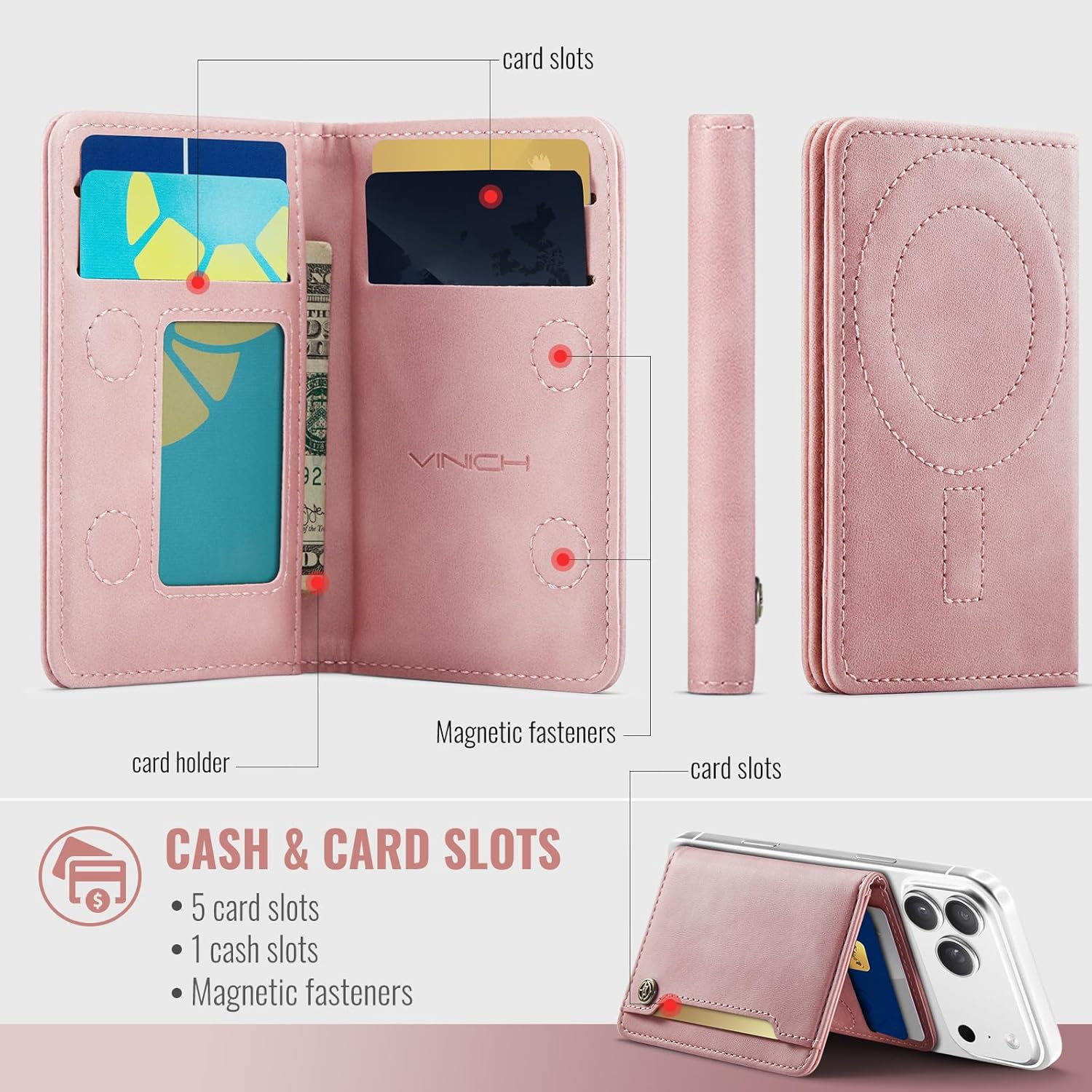 Vinich for MagSafe Wallet Magnetic RFID Blocking Card Holder Compatible with MagSafe Phones and Cases, Strong Magnet Minimalist Phone Wallet for iPhone 17/16/15/14/13/12/ Pro/Max/Plus, Rose Pink - Image 5