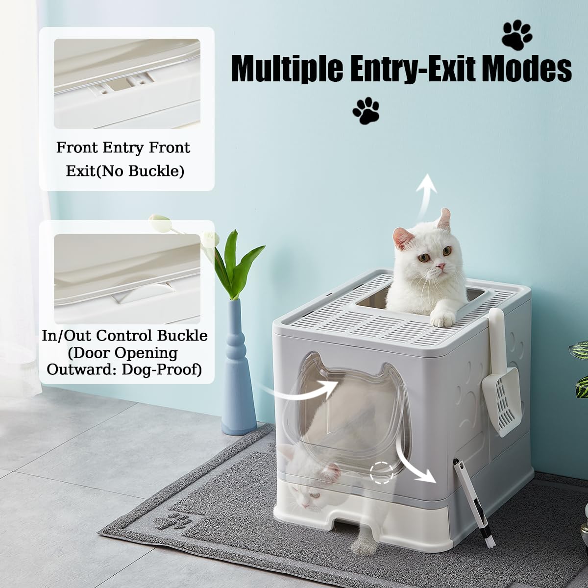 Vealind Caja de arena plegable para gatos con tapa, cajas cubiertas de arena para gatitos con cuchara y cepillo, caja de arena cerrada para gatos con bandeja de arena