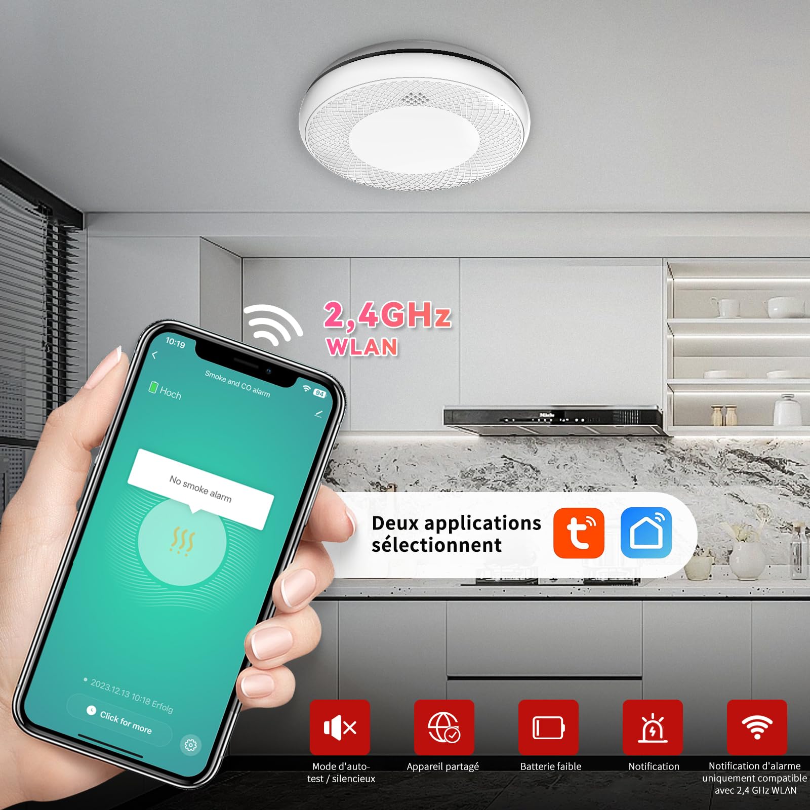 RUNIDUR Détecteur de Fumée et de CO Combiné WLAN,Wi-FI Détecteur de Fumée Combiné Intelligent et Détecteur de Monoxyde de Carbone, Capteur Précis avec Batterie de 10 Ans, 3 Pièce