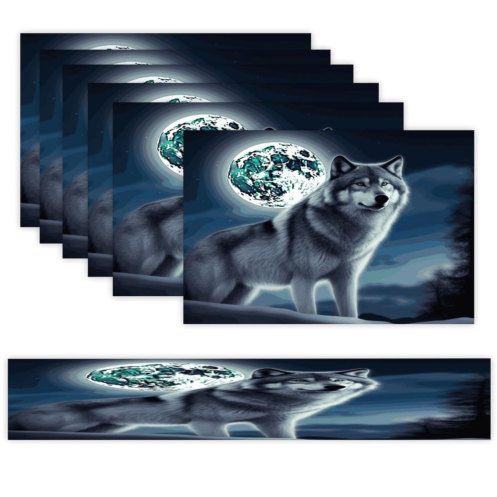Wolf Under Moon Table Runner and Placemats Set of 6 Wipe Clean Heat Resistant Table Mat with Table Runner Decorations Flax Linen Place Mat Set for Home Kitchen Party Supplies