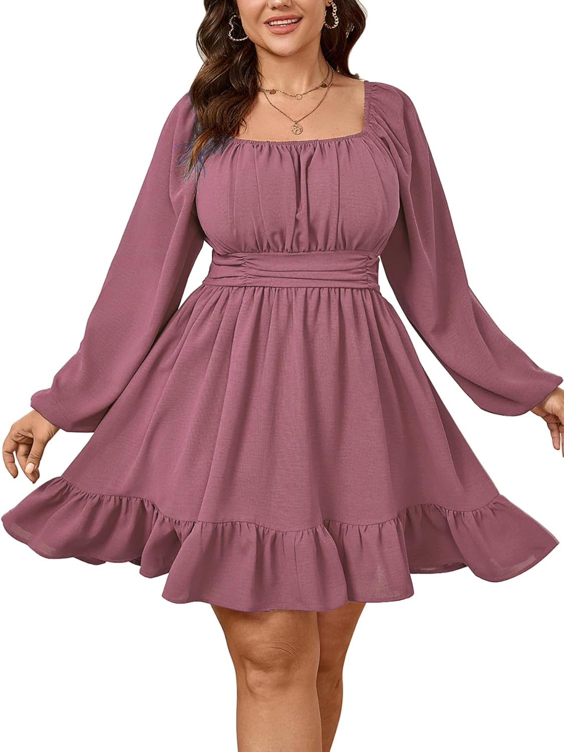 SHESTARR Womens Plus Size Dress Long Lantern Sleeve Square Neck Elastic Waist A-Line Mini Short Dress